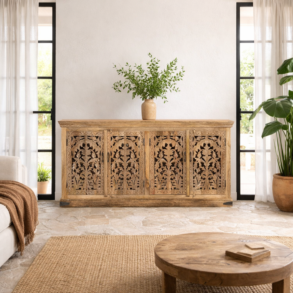 Lifestyle image of a hand carved mango wood sideboard Bagodara with whitewashed finish and intricate Indian patterns; ideal for bedroom furniture or as a hand carved sideboard, 180 × 90 × 40 cm.