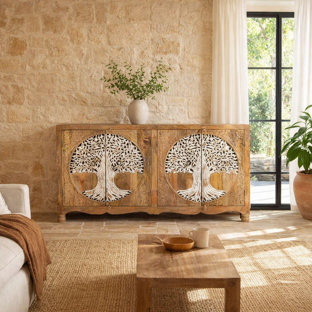 Lifestyle image of a hand-carved mango wood sideboard with Tree of Life motif, whitewashed finish, and four storage compartments; artisanal mango wood furniture for dining rooms, entryways, or living areas, 180 × 90 × 40 cm.