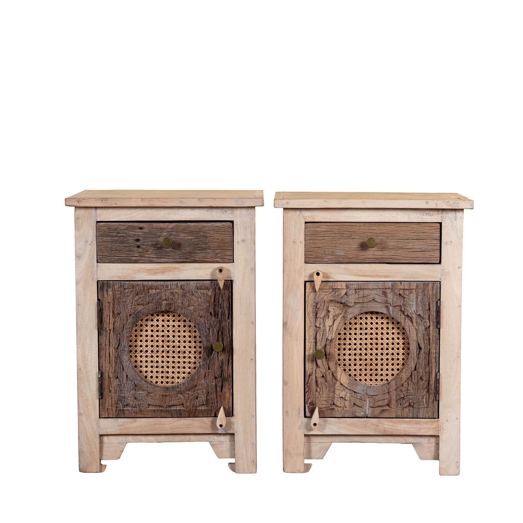 White background image of a Milan hand carved reclaimed wood nightstands with woven rattan inserts, drawer storage, cabinet doors, and warm natural boho style design.