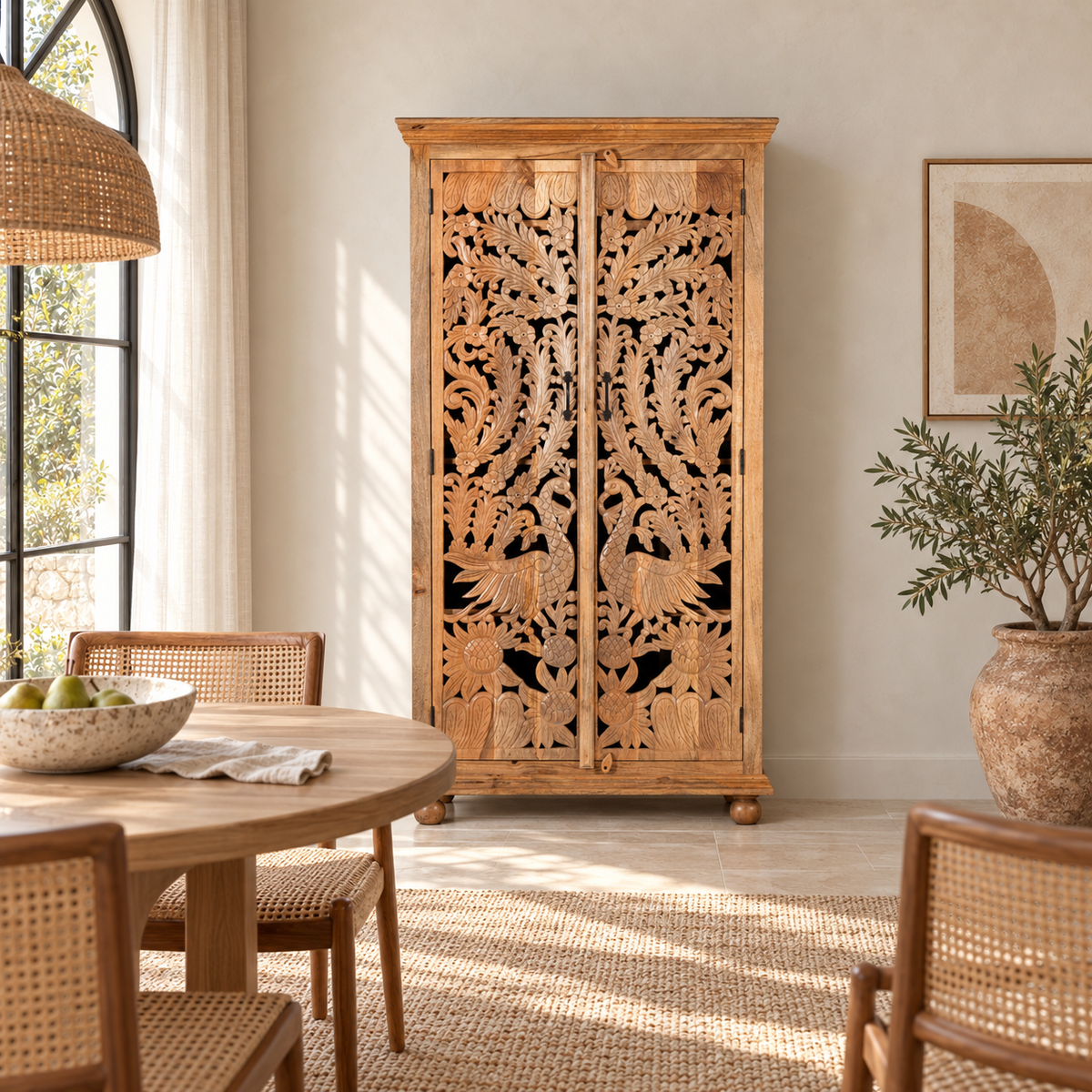 Lifestyle image of a hand-carved mango wood cupboard with Indian peacock design motifs, Mediterranean-style wardrobe; elegant mango wood furniture, 190 × 100 × 40 cm.