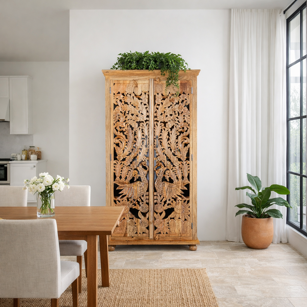 Lifestyle image of a hand-carved mango wood cupboard with Indian peacock design motifs, Mediterranean-style wardrobe; elegant mango wood furniture, 190 × 100 × 40 cm.