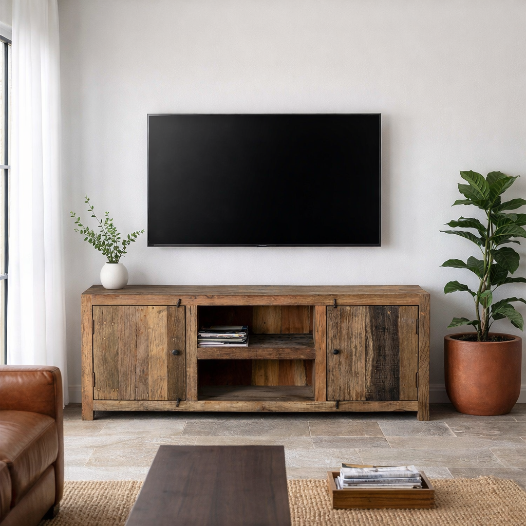 Lifestyle image of a driftwood lowboard made from reclaimed wood with two cabinets, open shelving, and rustic minimalist design, 150 × 40 × 60 cm.