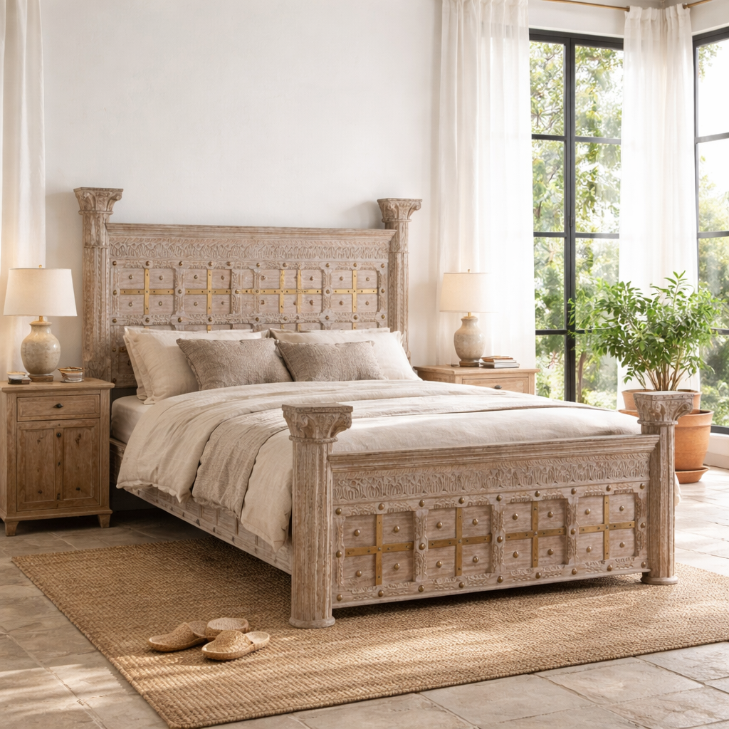 Lifestyle image of a handcrafted four poster bed made from reclaimed wood with carved detailing – Mirai model by Om Home & Garden