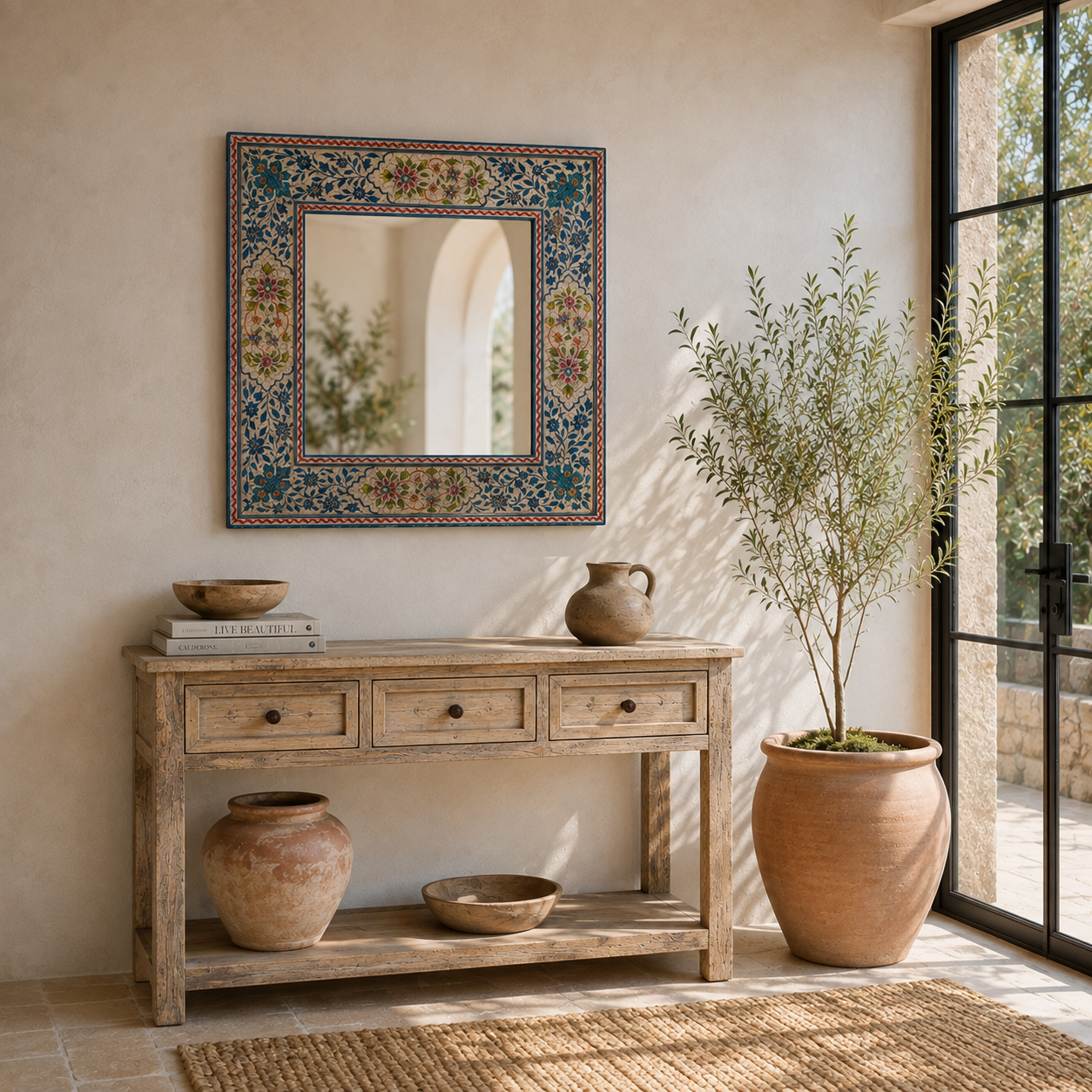 Lifestyle image of a Mishika hand-painted reclaimed wood wall mirror with intricate blue floral artwork and traditional Indian decorative motifs, 90x90x5cm.