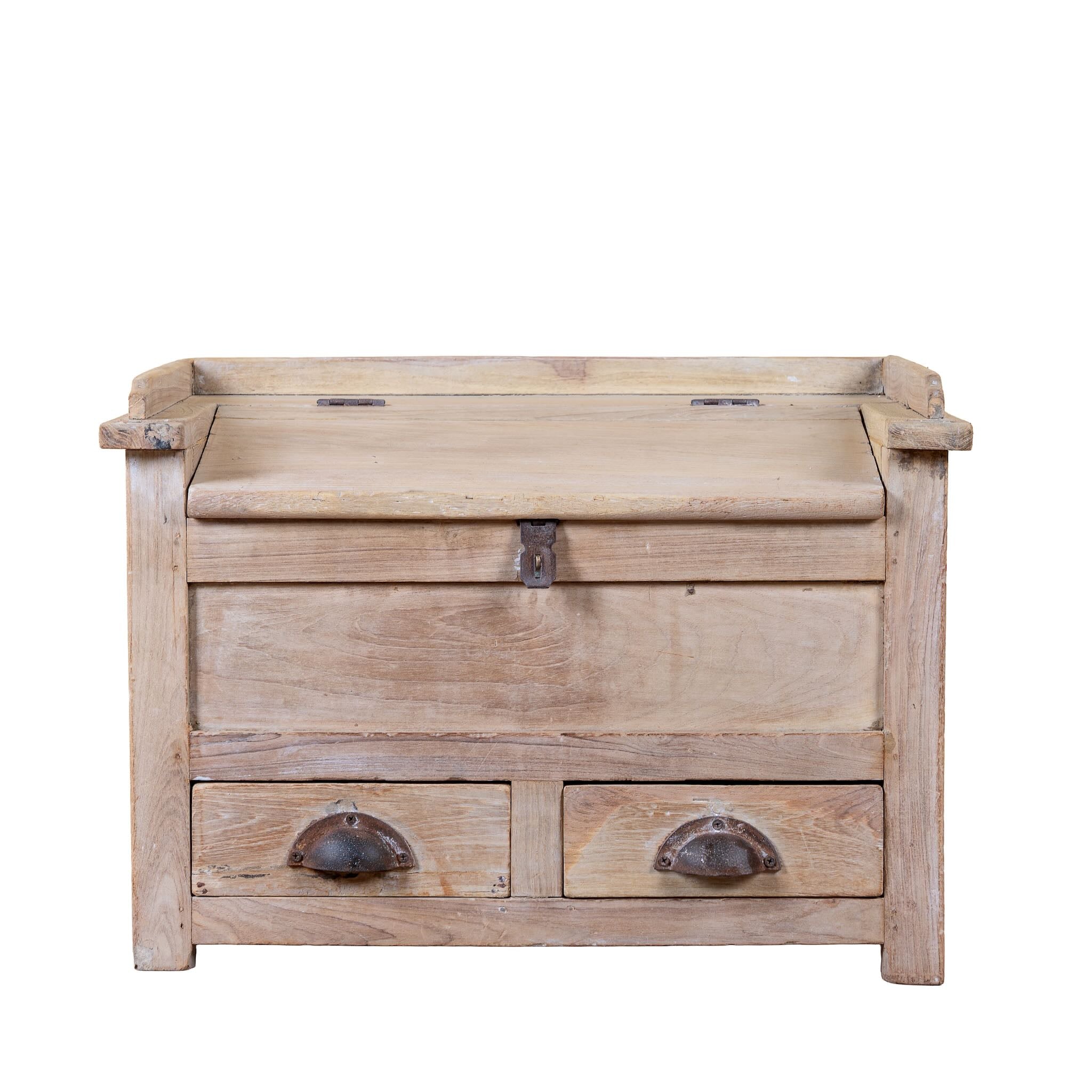 White background image of a Mivaan vintage reclaimed teak wood box with writing lid, small drawers, and restored rustic teak finish.