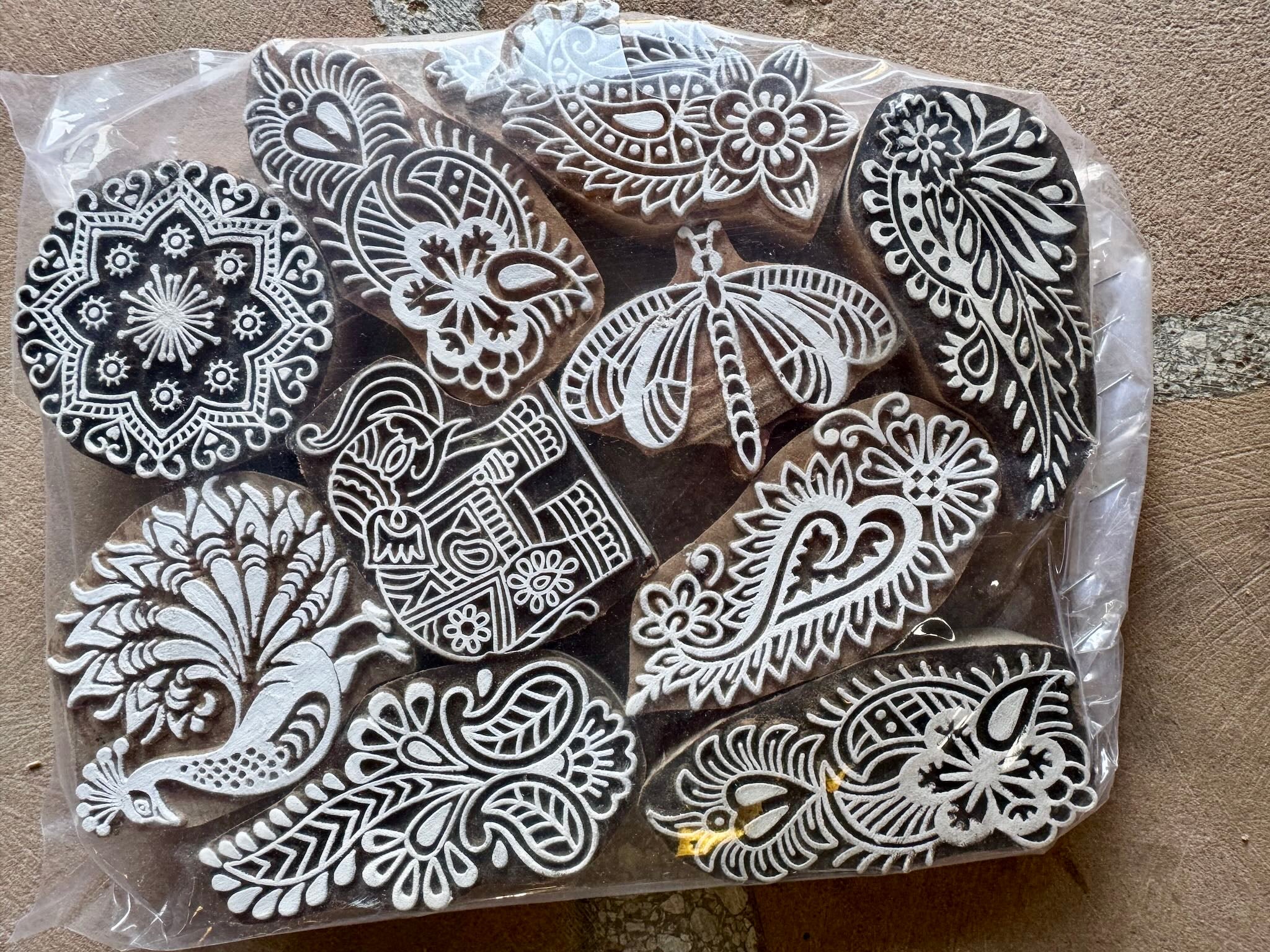 Hand-carved wooden Indian stamp set of 10 pieces featuring floral and animal designs, perfect for printing, crafts, or vintage and India home accessories.