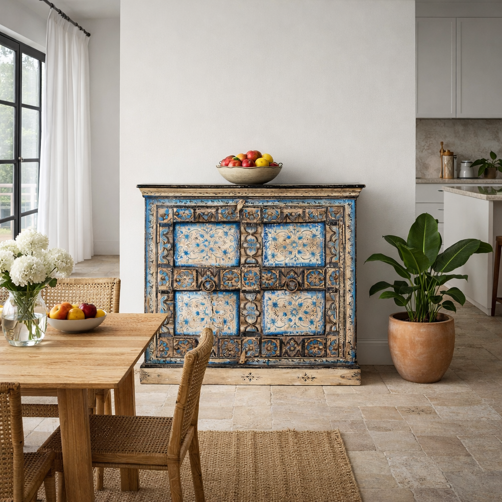 Lifestyle image of a cupboard made from an antique Indian old door, hand painted cabinet with blue floral details; boho style teak wood furniture, 115 × 50 × 104 cm.