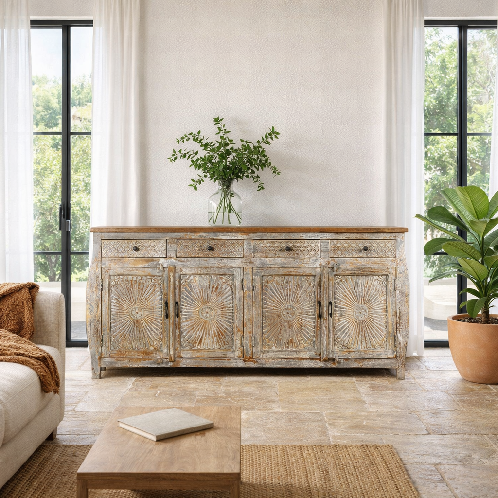 Lifestyle image of a living room furniture sideboard made from hand-carved mango wood, vintage style furniture with sunburst patterns and distressed finish, 180 × 40 × 90 cm.