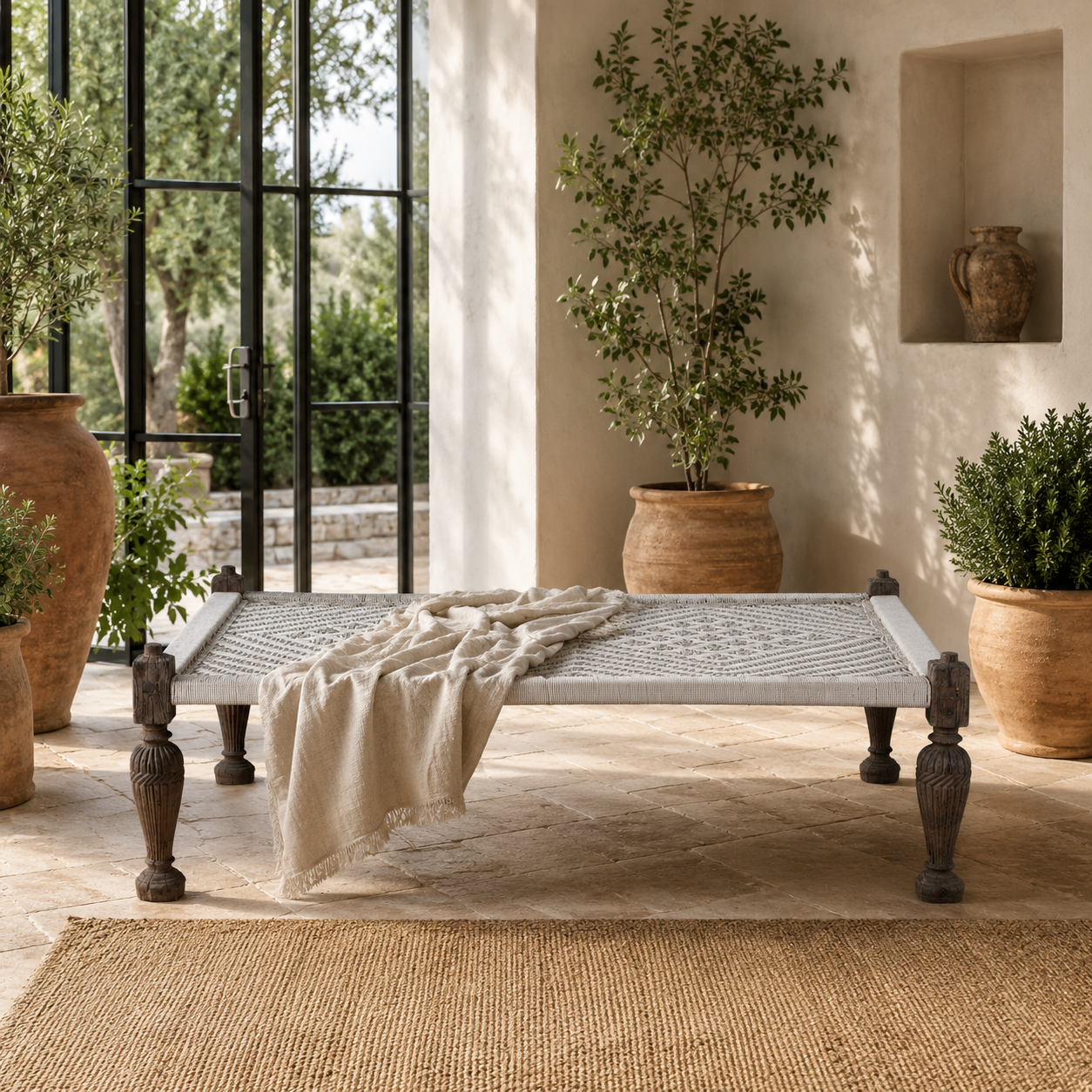 Naavya handwoven Indian Charpoi daybed with reclaimed teak wood frame and carved legs, 174cm