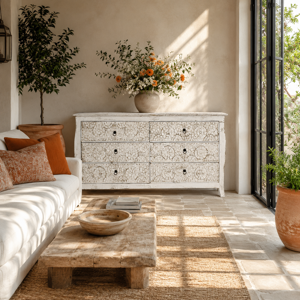 Nagpur hand carved mango wood chest of six drawers with Indian carved fronts 150cm