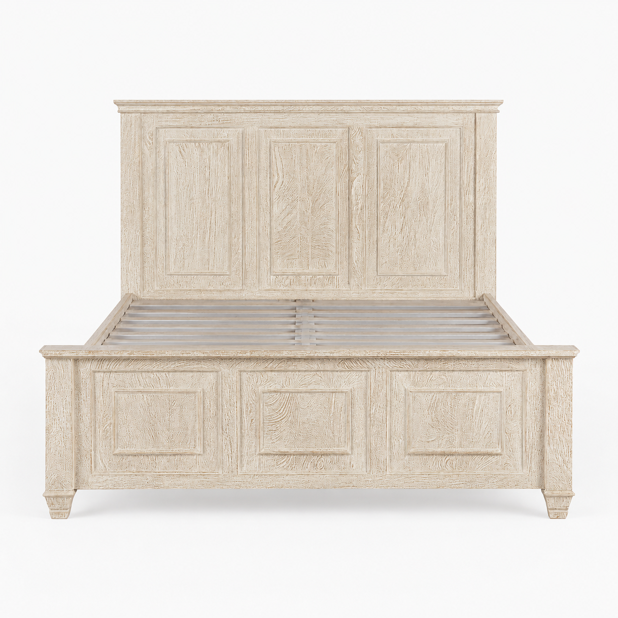 Image of a whitewashed mango wood bed frame with carved panel design; rustic bedroom furniture set, bed size 180×200×140 cm.