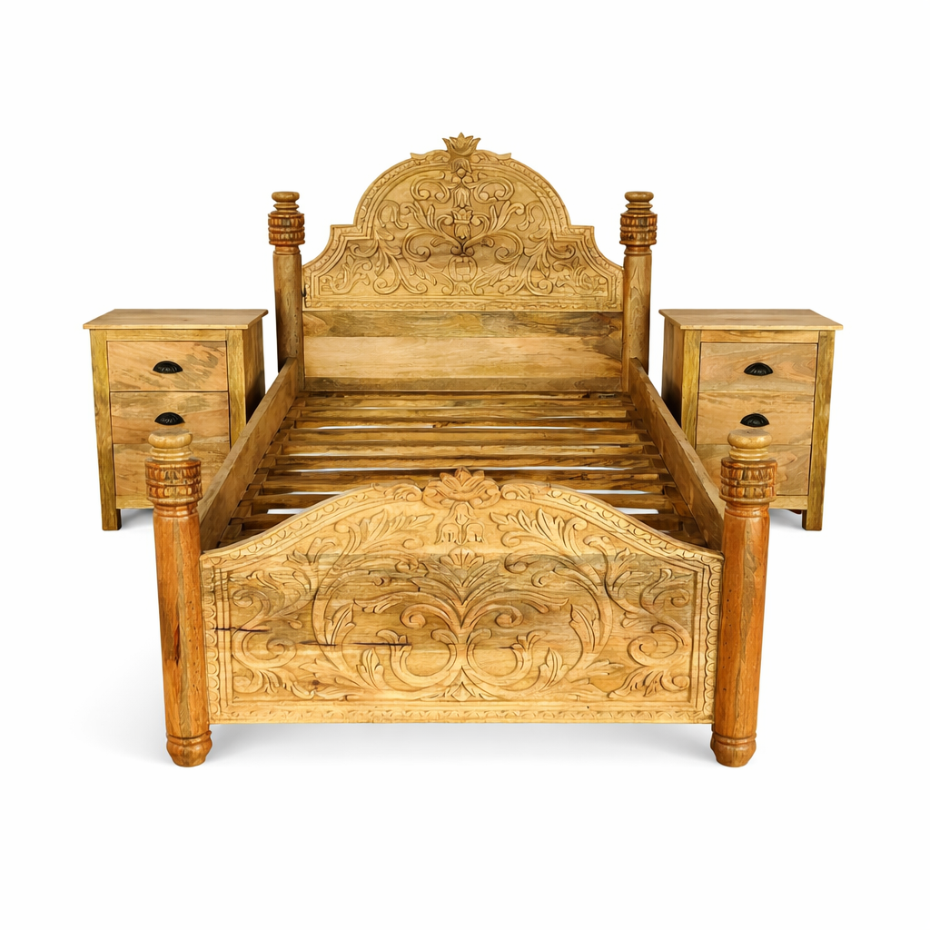 White background image of a hand carved Mango wood four poster bed, single size in oriental design.