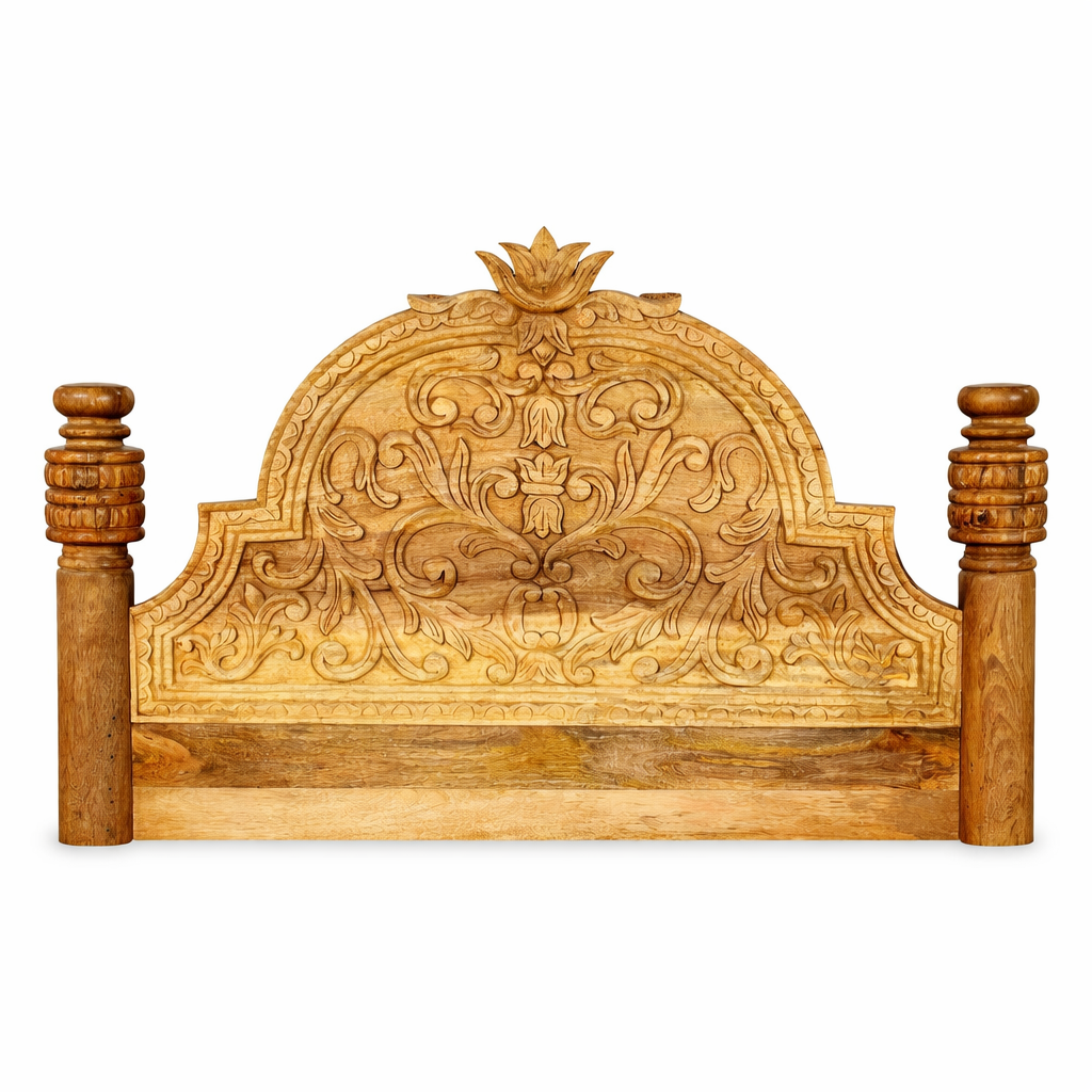 White background image of the headboard of a hand carved Mango wood four poster bed, single size in oriental design.