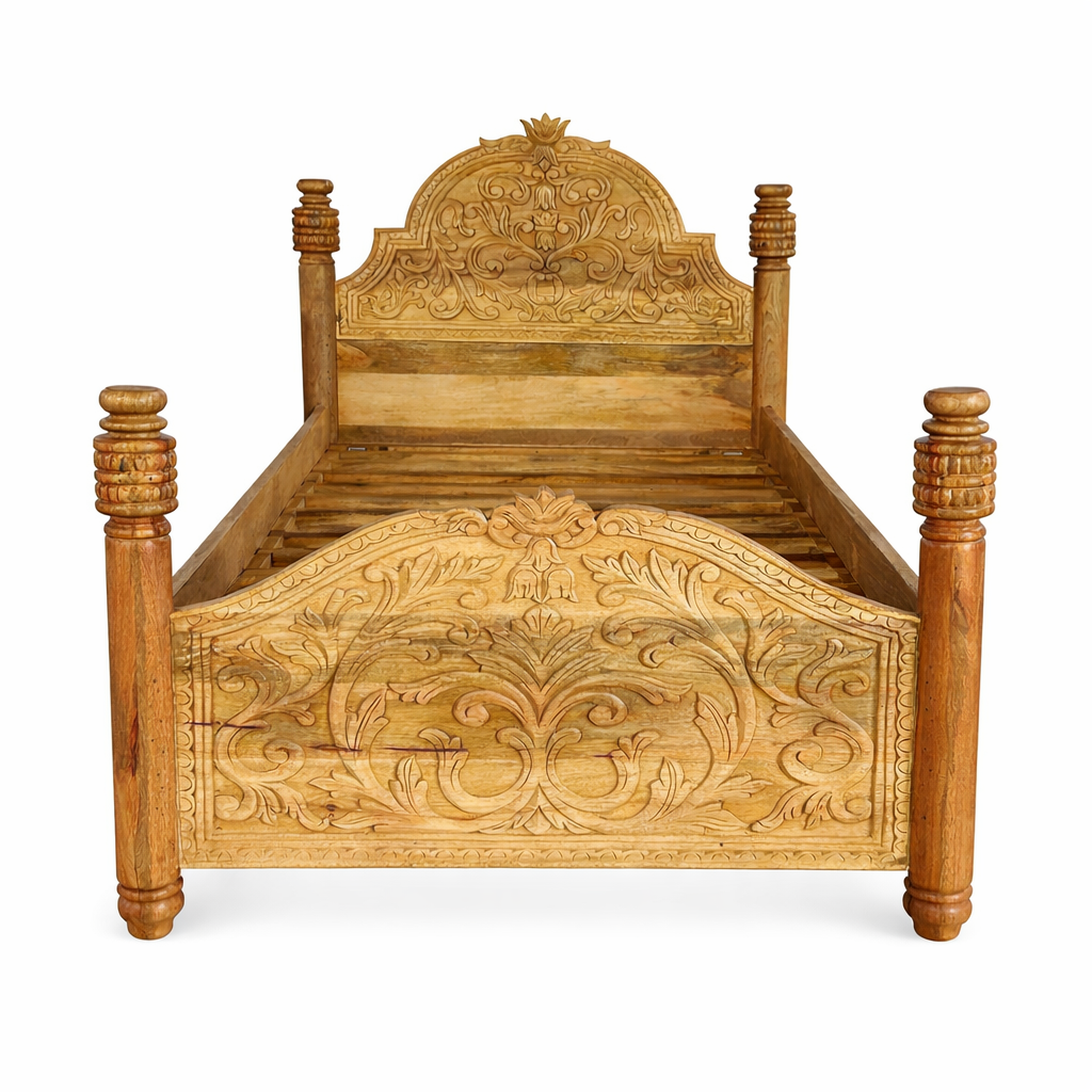White background image of a hand carved Mango wood four poster bed, single size in oriental design.