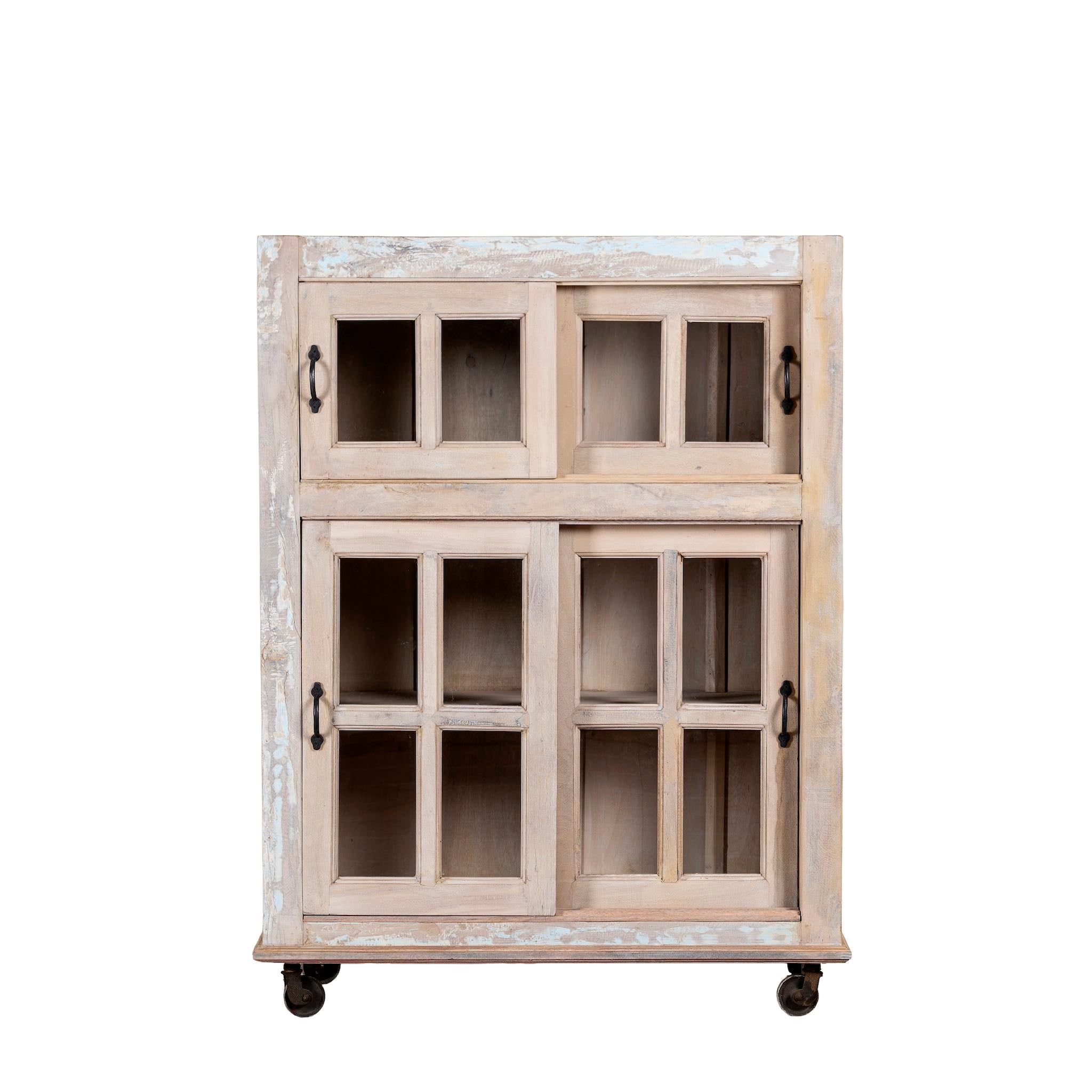 White background image of a vintage vitrine made of sandblasted reclaimed wood with glass-panelled doors and iron wheels; rustic reclaimed wood furniture, 100 × 40 × 160 cm.