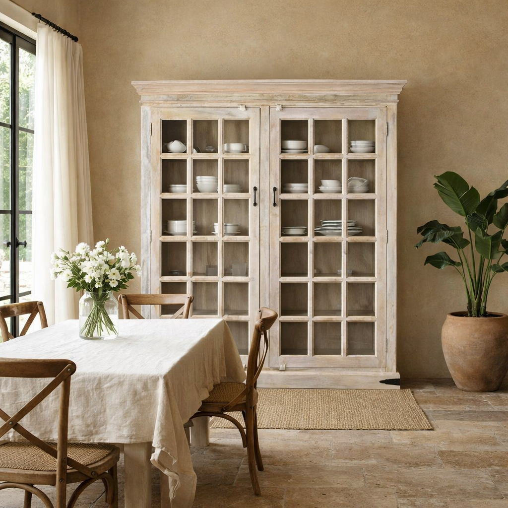 Lifestyle image of a of a tall reclaimed wood cabinet in sandblasted vintage design with glass-panelled doors; rustic living room furniture, 100 × 40 × 190 cm.