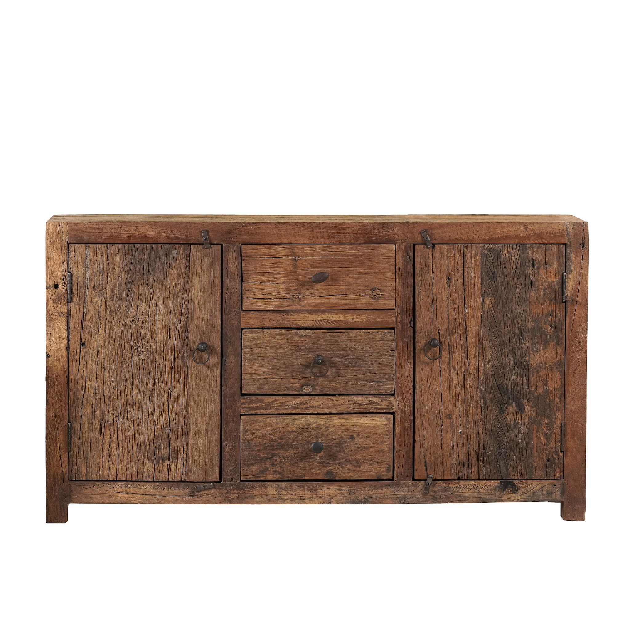 White background image of a storage rustic sideboard made of reclaimed wood with 3 drawers and 2 doors.