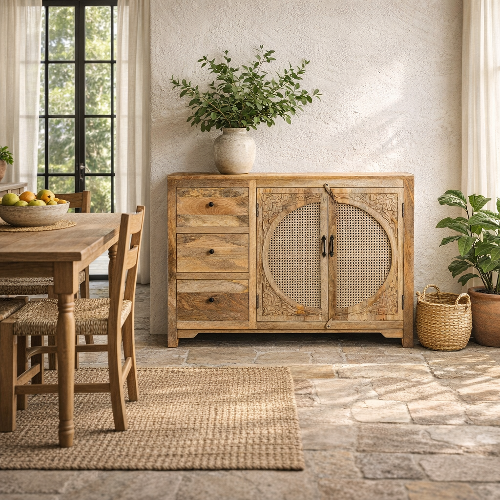 Lifestyle image of a hand carved mango wood cabinet in natural finish with 3 drawers and 2 rattan doors.