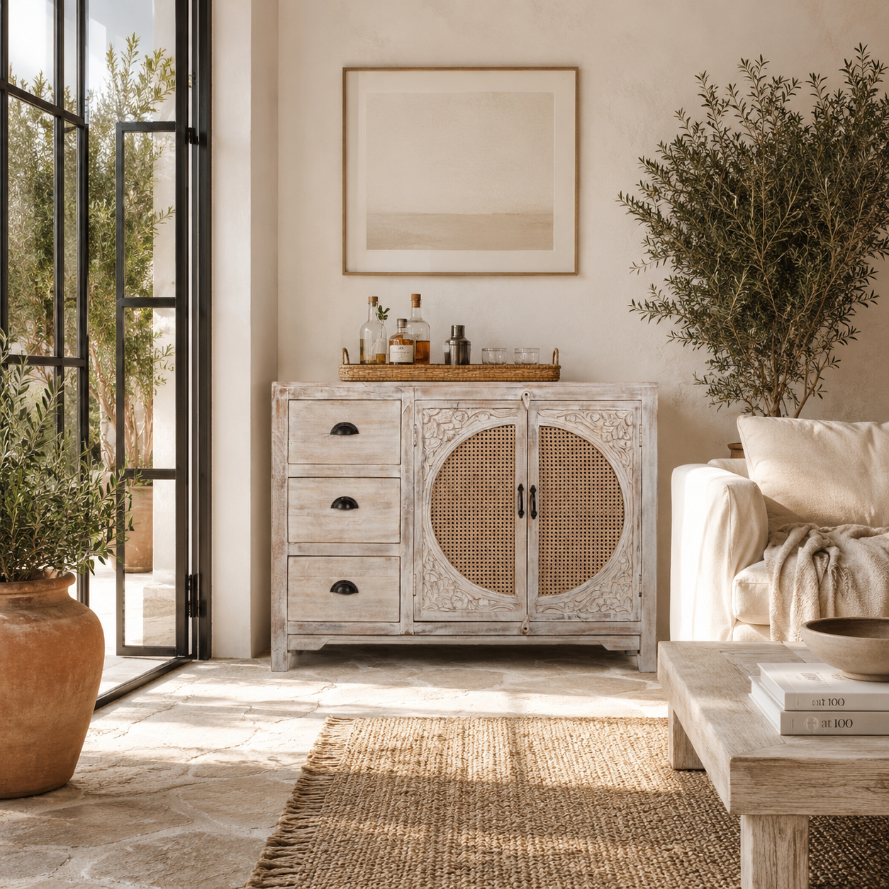 Lifestyle image of a handcrafted mango wood dresser with floral carvings and rattan cane inserts, bohemian interior and rattan furniture style, whitewashed finish, 120 × 40 × 92 cm.