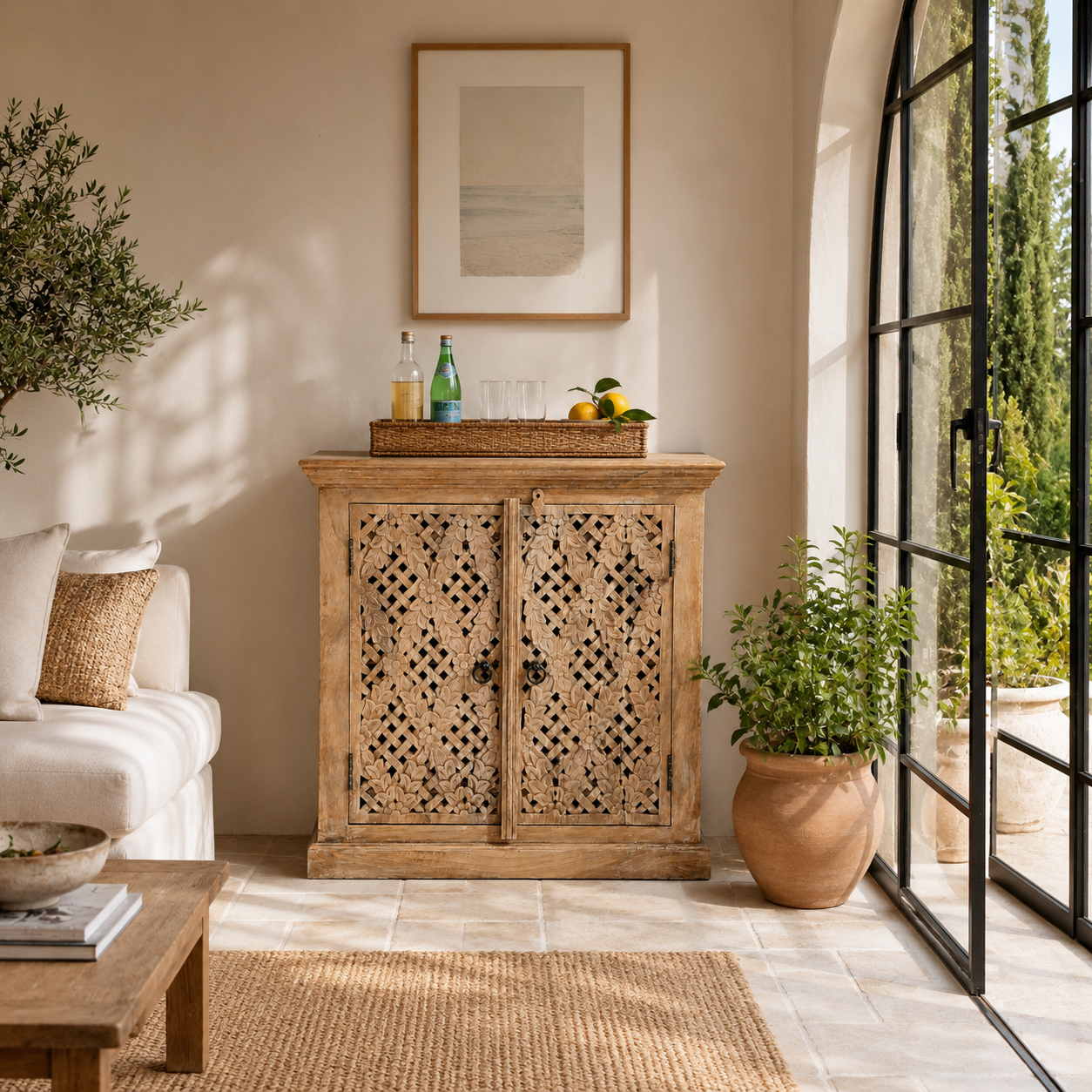 Lifestyle image of a Nellore hand carved solid mango wood cabinet with Indian carved doors 90x90cm