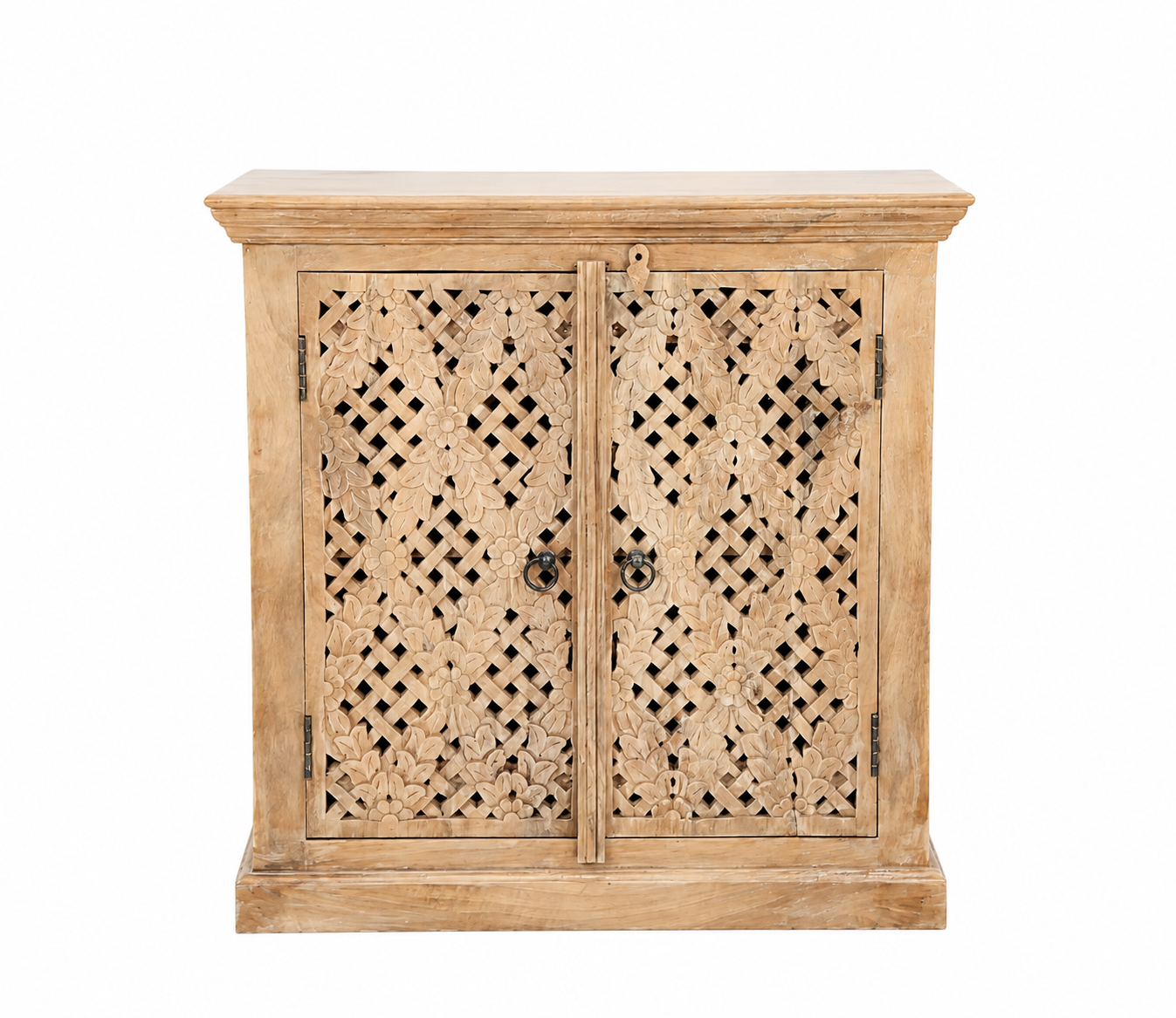 White background image of a Nellore hand carved solid mango wood cabinet with Indian carved doors 90x90cm