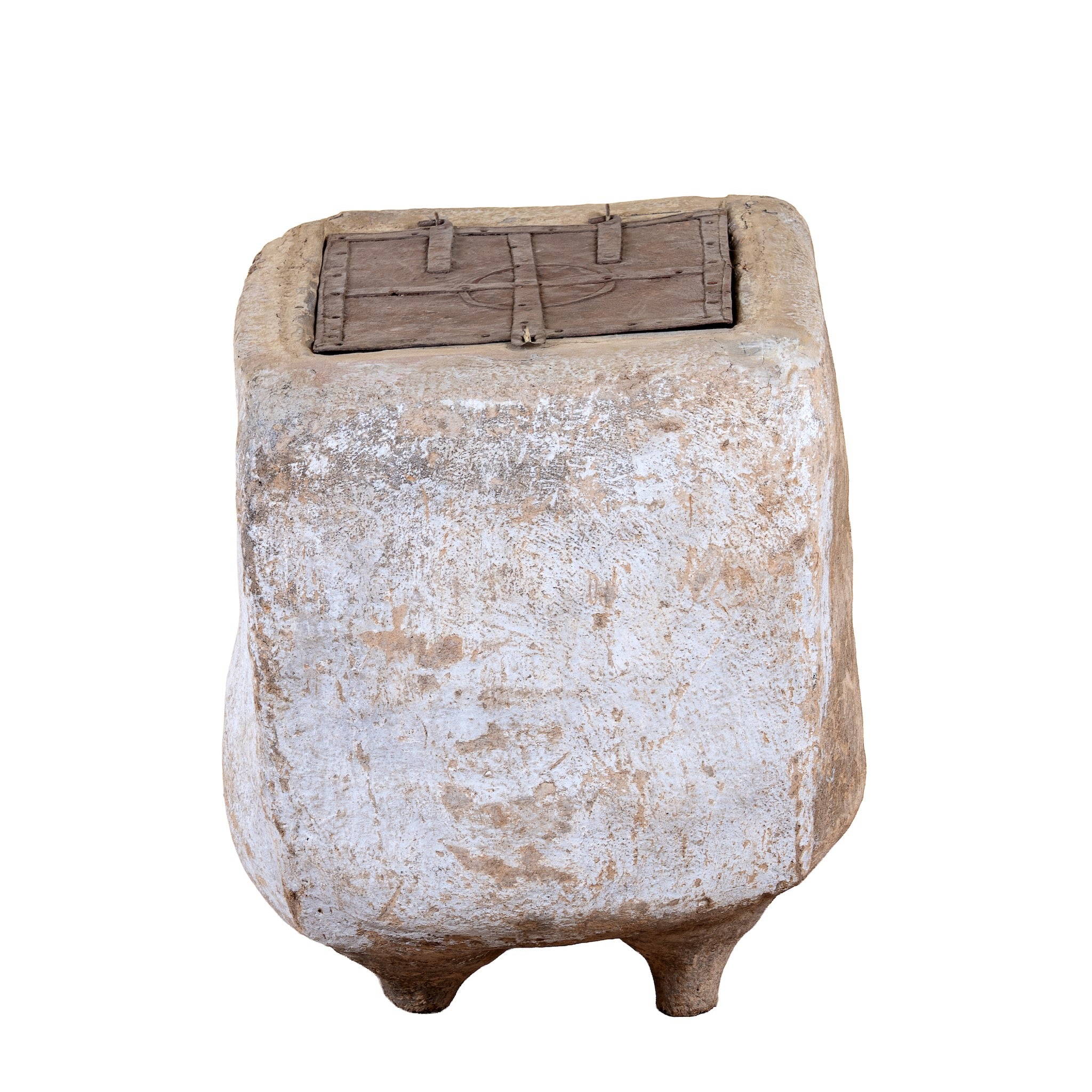 White background image of a Nirmay antique Indian papier-mâché storage box with original iron-reinforced lid, 70cm
