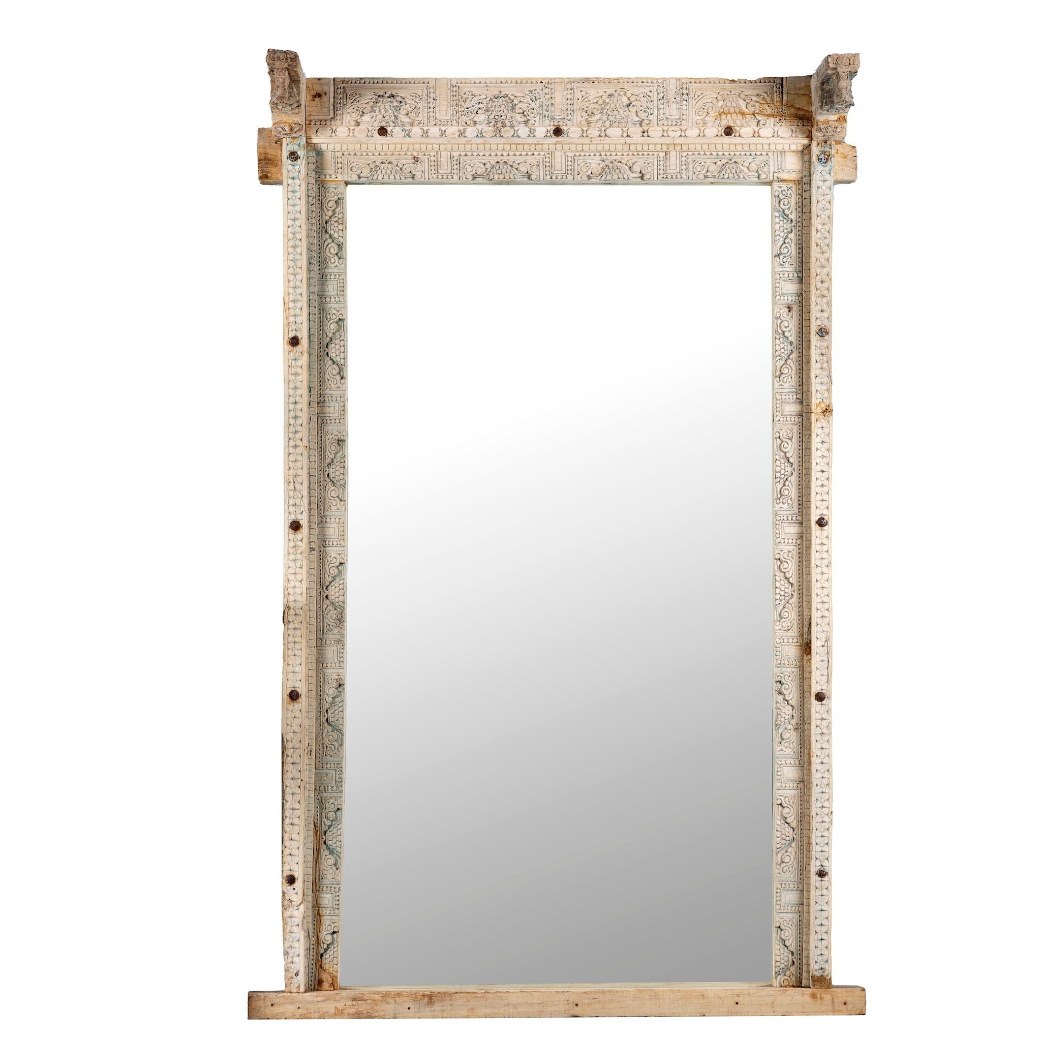 White background image of a Nirved reclaimed teak wood mirror crafted from an antique entrance door frame with bleached finish, 180x110cm
