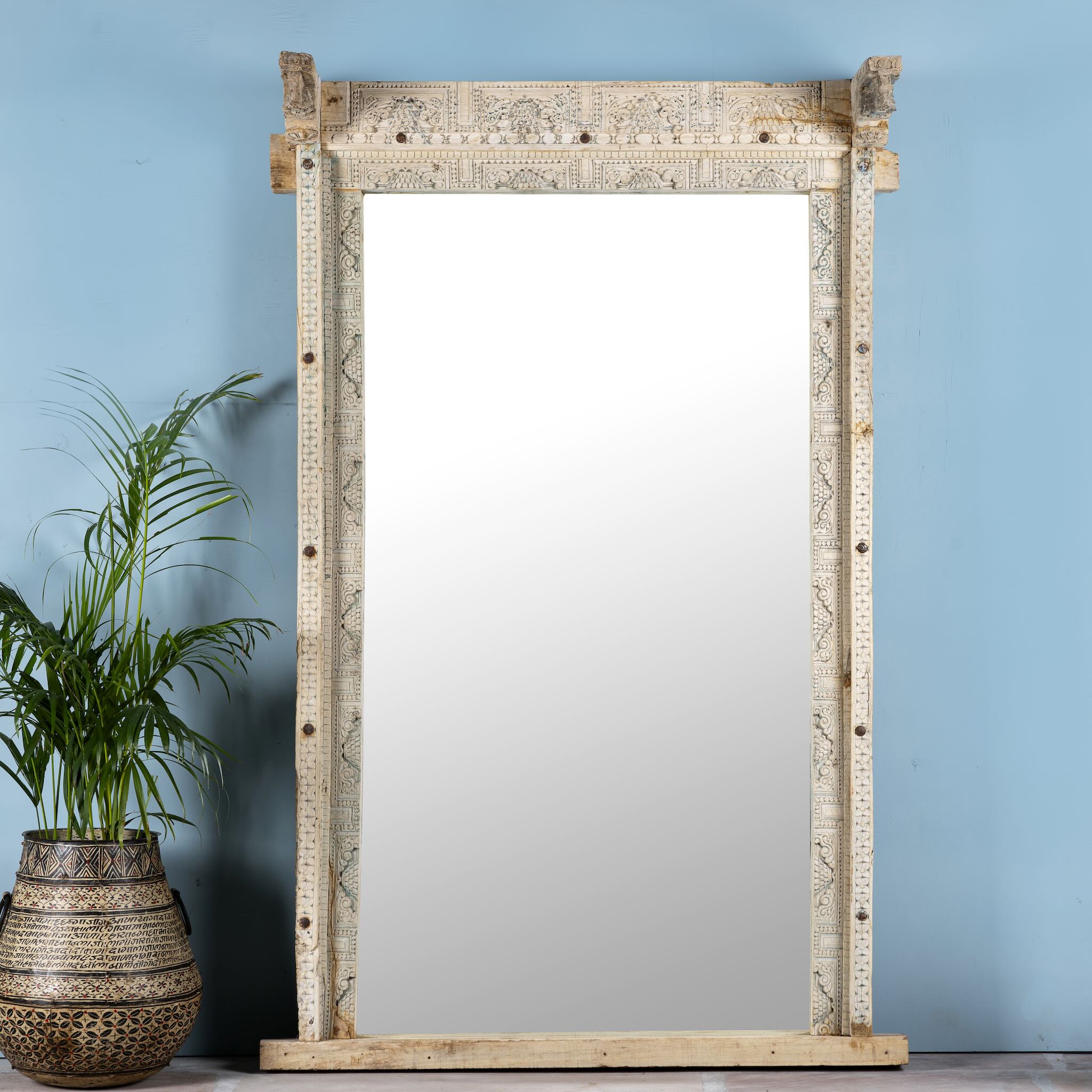 Nirved reclaimed teak wood mirror crafted from an antique entrance door frame with bleached finish, 180x110cm