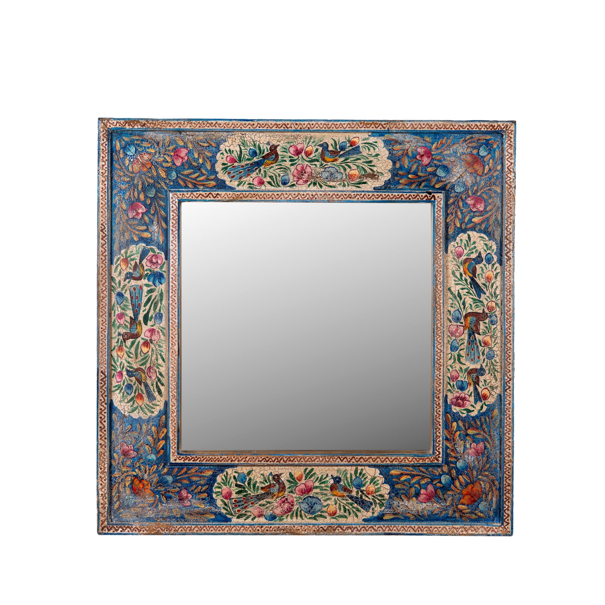 White background image of a Nithya hand-painted reclaimed wood wall mirror featuring colourful peacocks, birds and floral Indian artwork, 90x90x5cm.