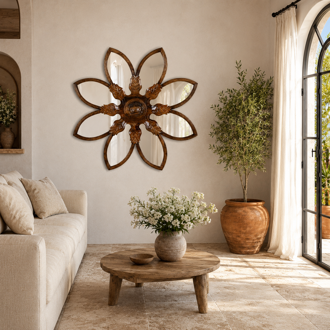 Lifestyle image of a round mango wood mirror Ojis with hand-carved floral frame. A unique wall decor piece combining traditional Indian craftsmanship and organic design.