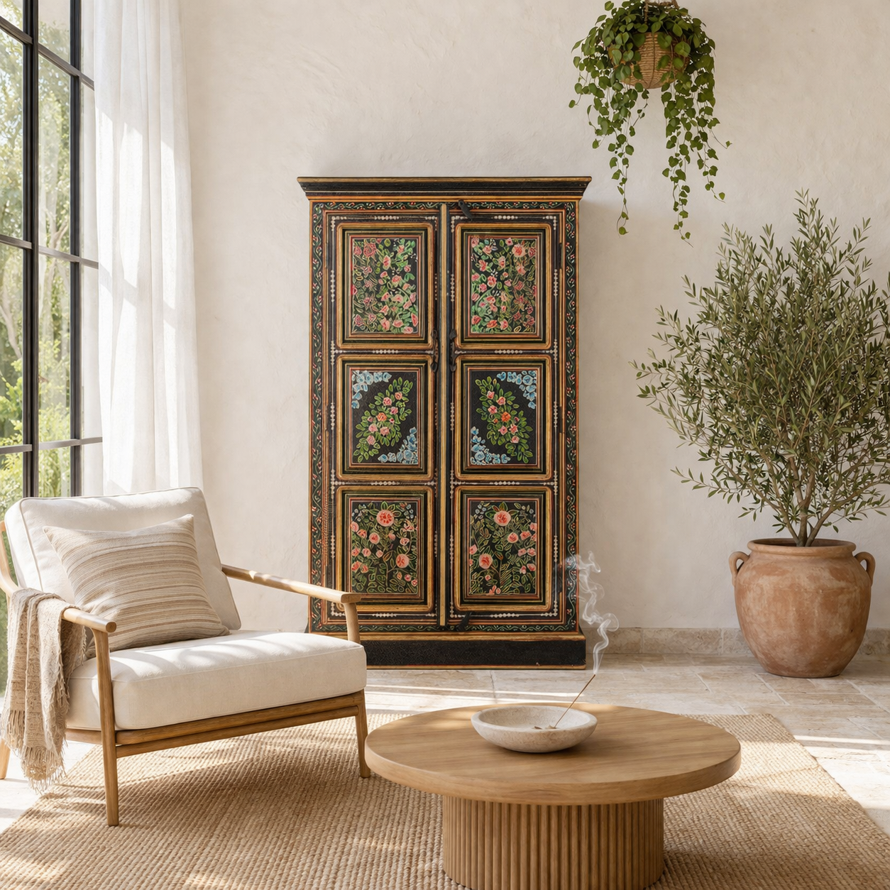 Lifestyle image of a hand-painted cabinet made from recycled wood with floral motifs – sustainable furniture and unique furniture for bold, artistic interiors.