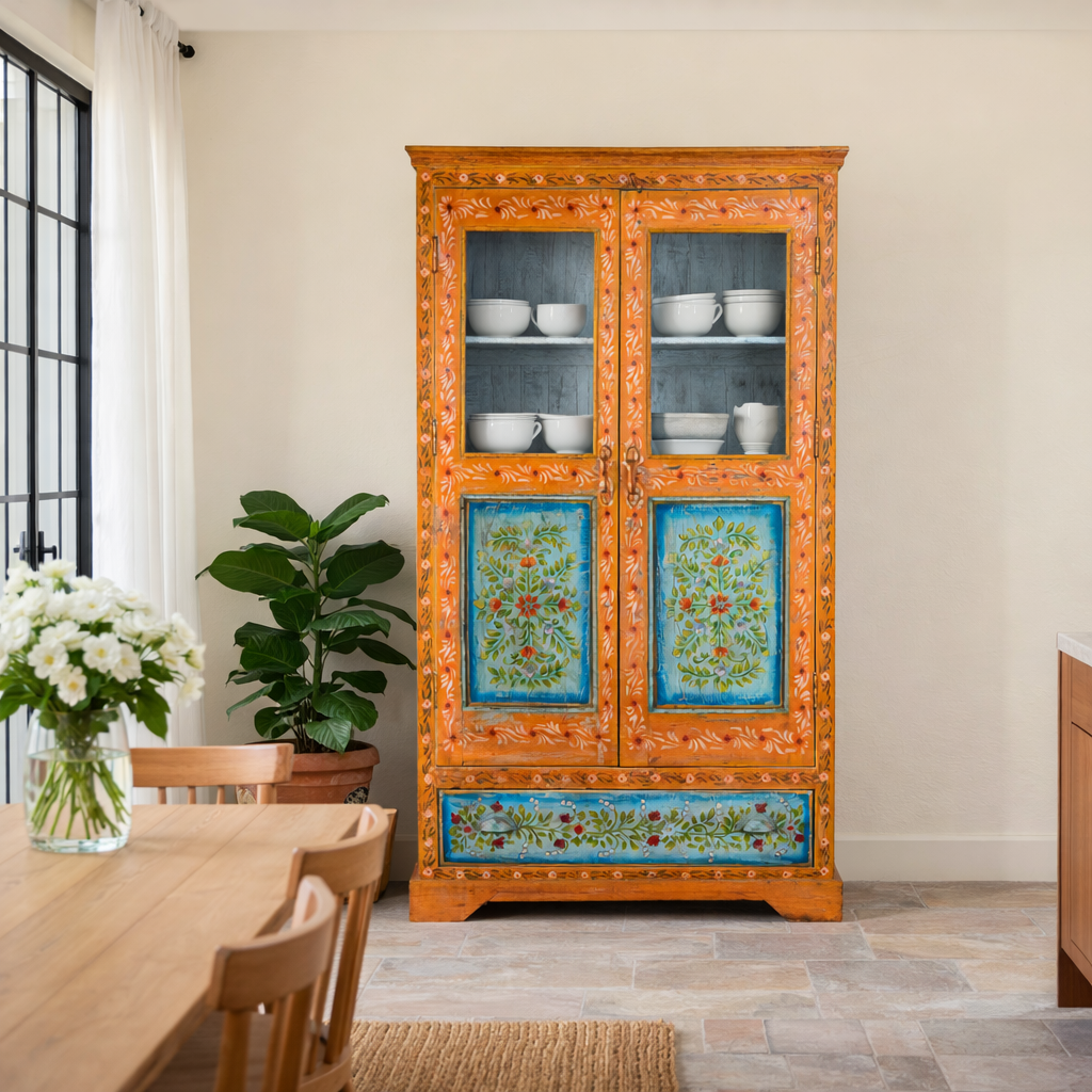 Lifestyle image of a of a hand-painted teak wood showcase with floral motifs and glass doors – sustainable furniture crafted from recycled wood with traditional Indian artistry.