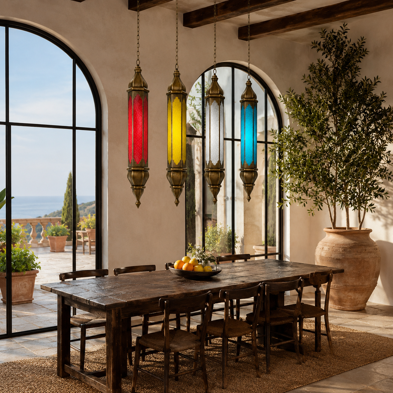 Lifestyle image of a Ovin oriental pendant light crafted from hand-punched metal and coloured Belgium glass, featuring a tall hexagonal lantern design with multicoloured glass panels and intricate decorative shadow patterns, 100cm.
