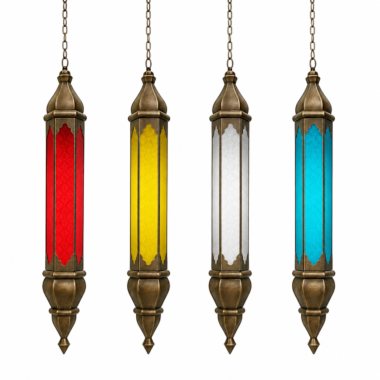 White background image of a Ovin oriental pendant light crafted from hand-punched metal and coloured Belgium glass, featuring a tall hexagonal lantern design with multicoloured glass panels and intricate decorative shadow patterns, 100cm.