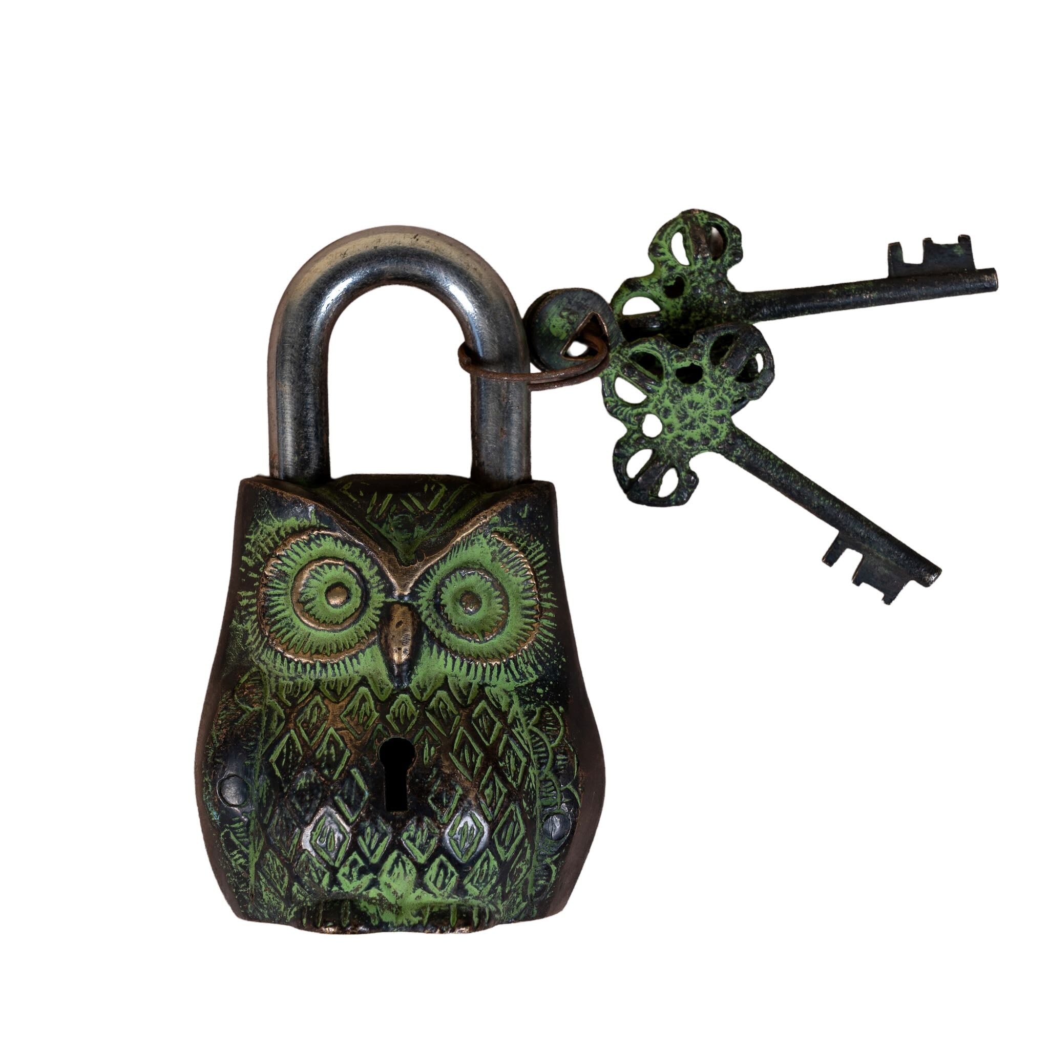 Decorative owl-shaped padlock with a key on a white background
