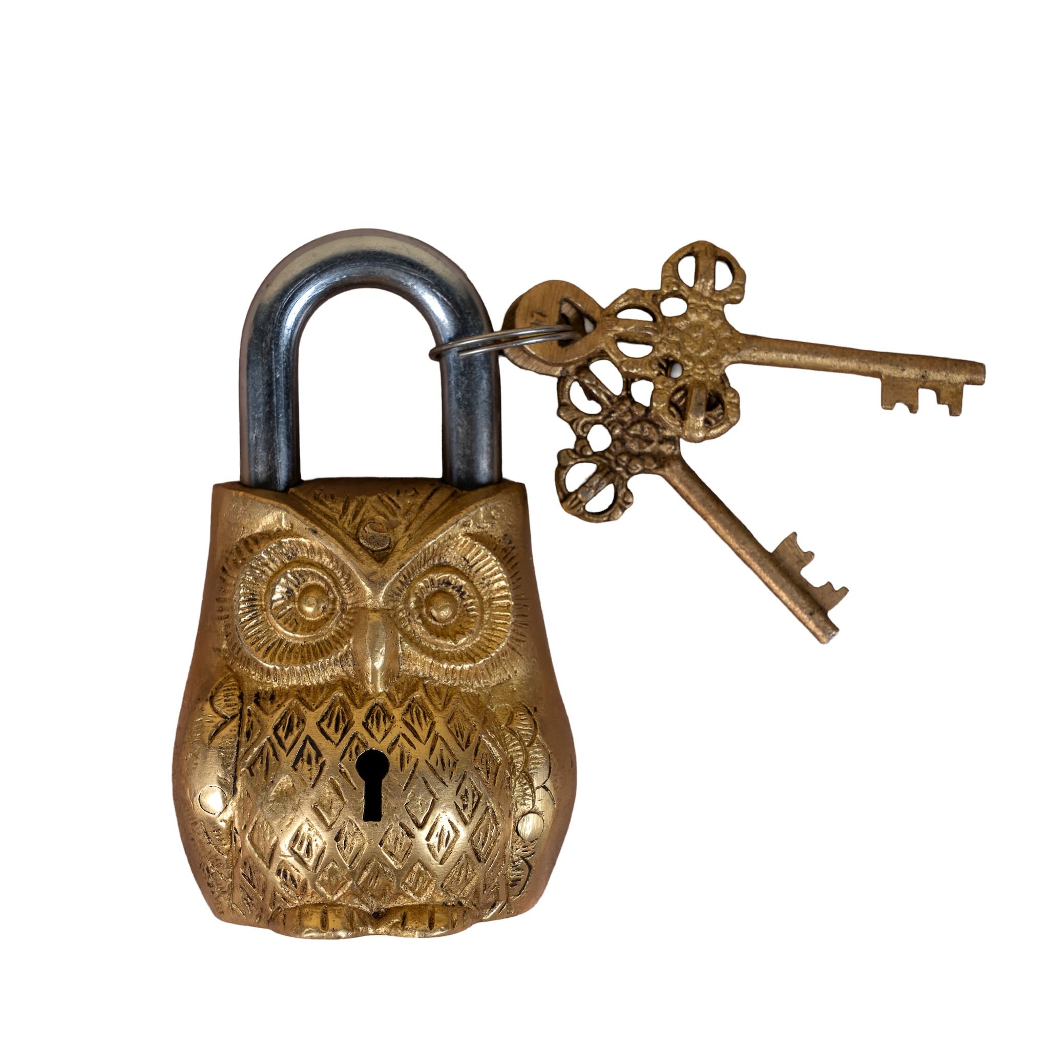 Brass owl-shaped padlock with a key on a white background