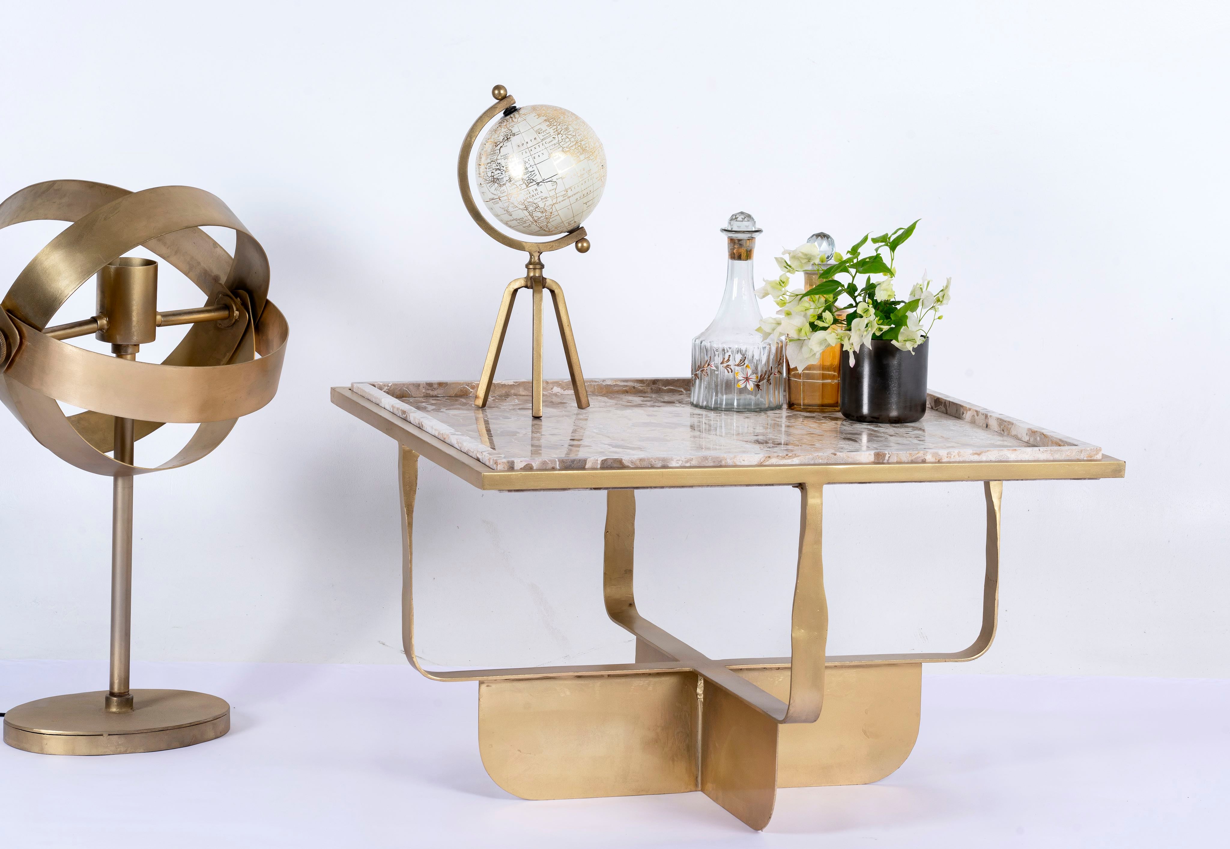 White background image of a square metal coffee table with brown marble top and copper-finished iron base; marble top coffee table, 76 × 76 × 46 cm.