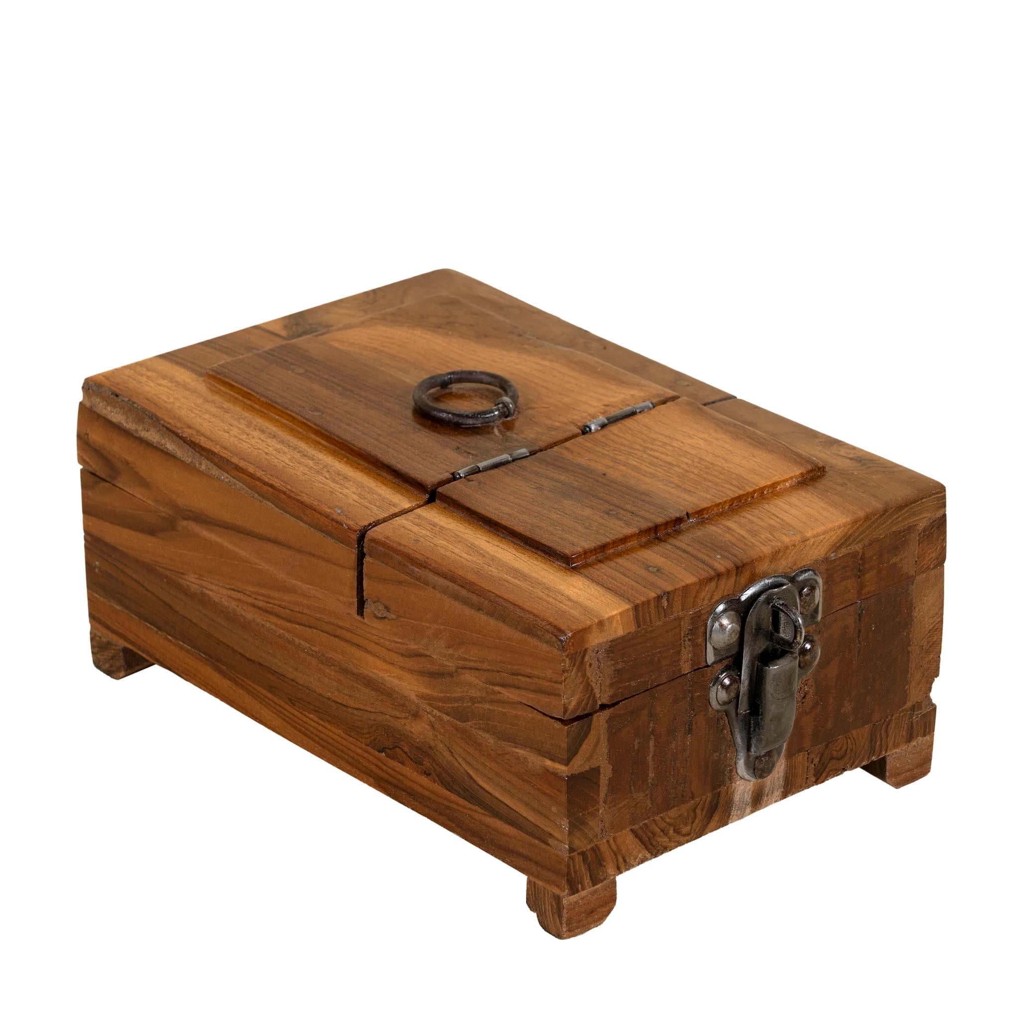 White background image of a handcrafted wooden jewellery box Palash with natural finish and foldable mirror. A vintage home accessory and unique Indian decoration ideal for storing jewellery or keepsakes in vintage home decor settings.