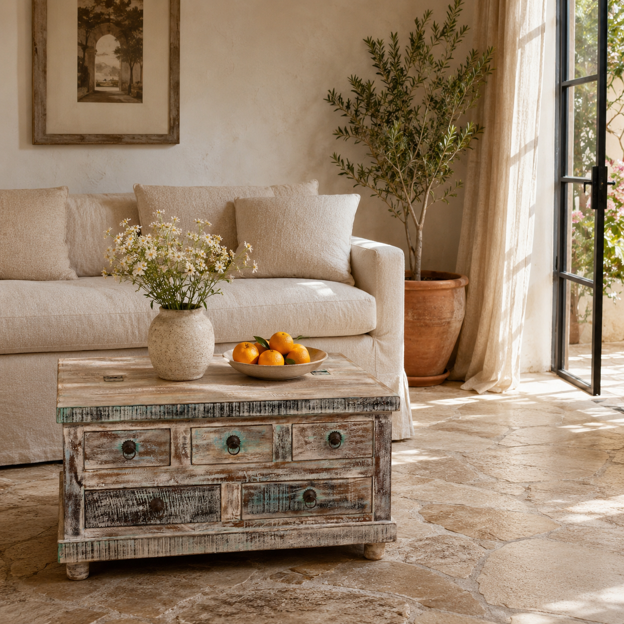 Lifestyle imagination of a handcrafted mango wood coffee table Box Table Panipat with drawers and box storage, vintage coffee table design, 90 × 90 × 45 cm.