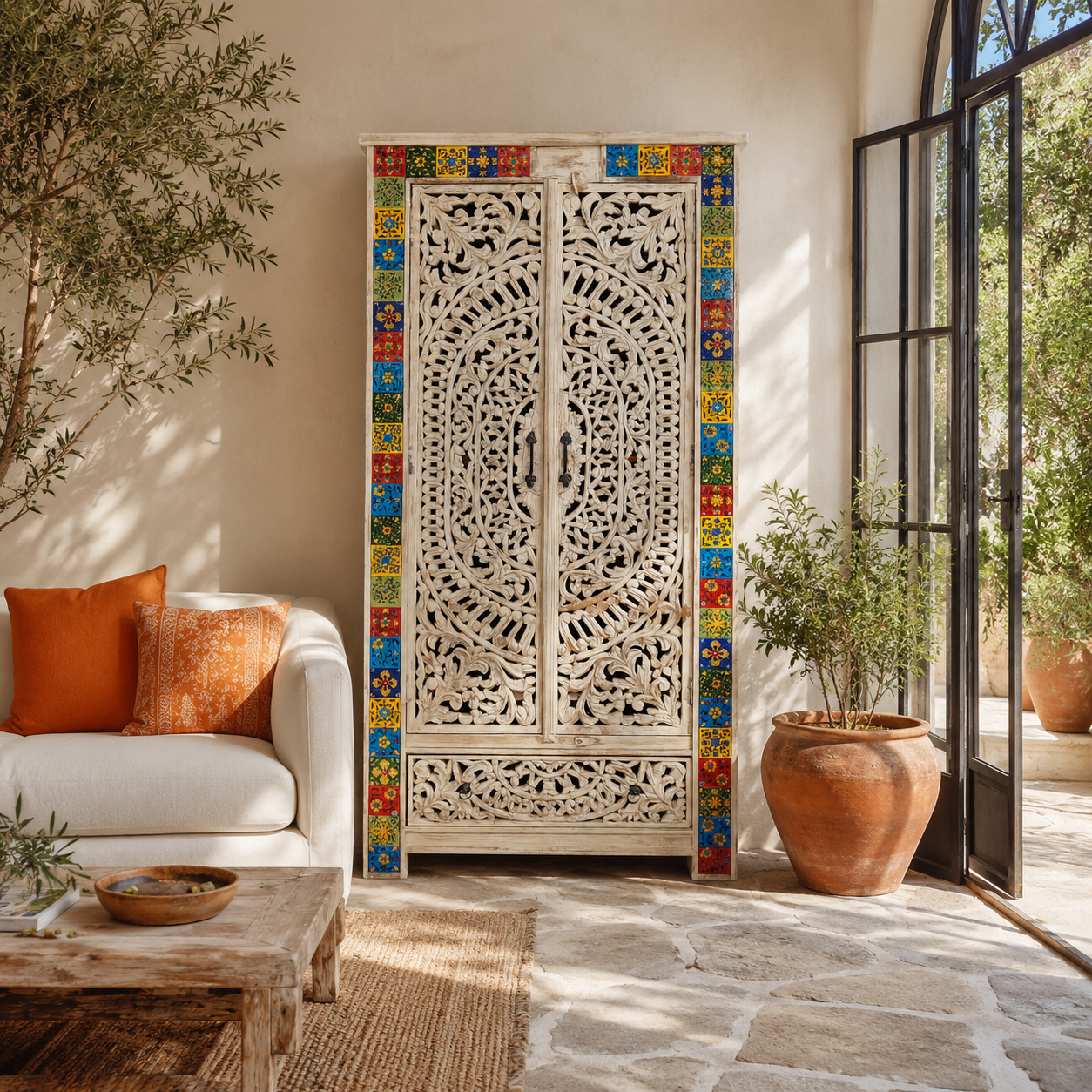 Lifestyle image of a Hand-carved mango wood cabinet with white-wash finish and ceramic detailing – artisanal furniture and carved wooden furniture with Mediterranean flair.