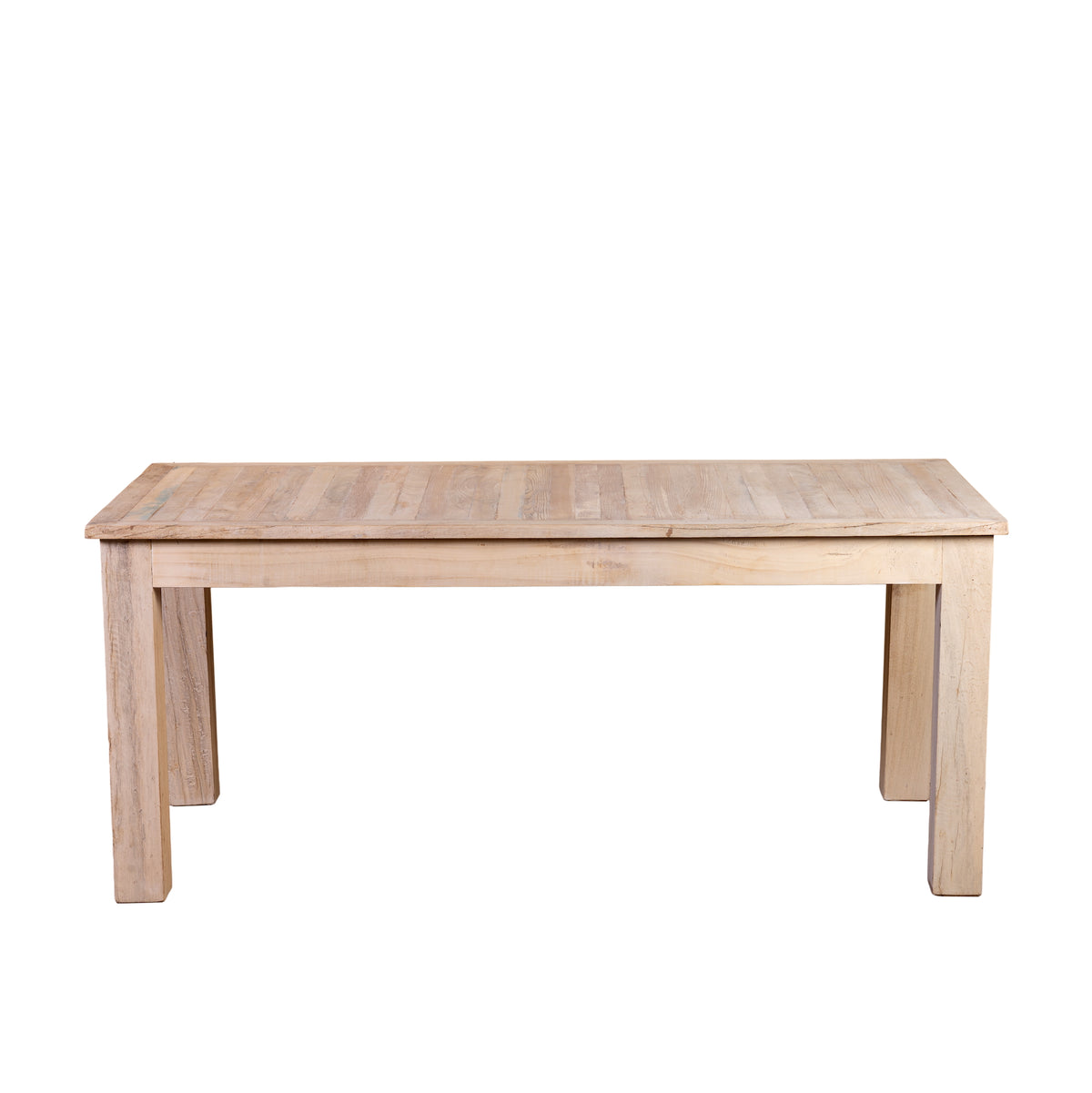 White background image of a Parthiv bleached reclaimed wood dining table with rectangular top and straight wooden legs, 180x90x76cm