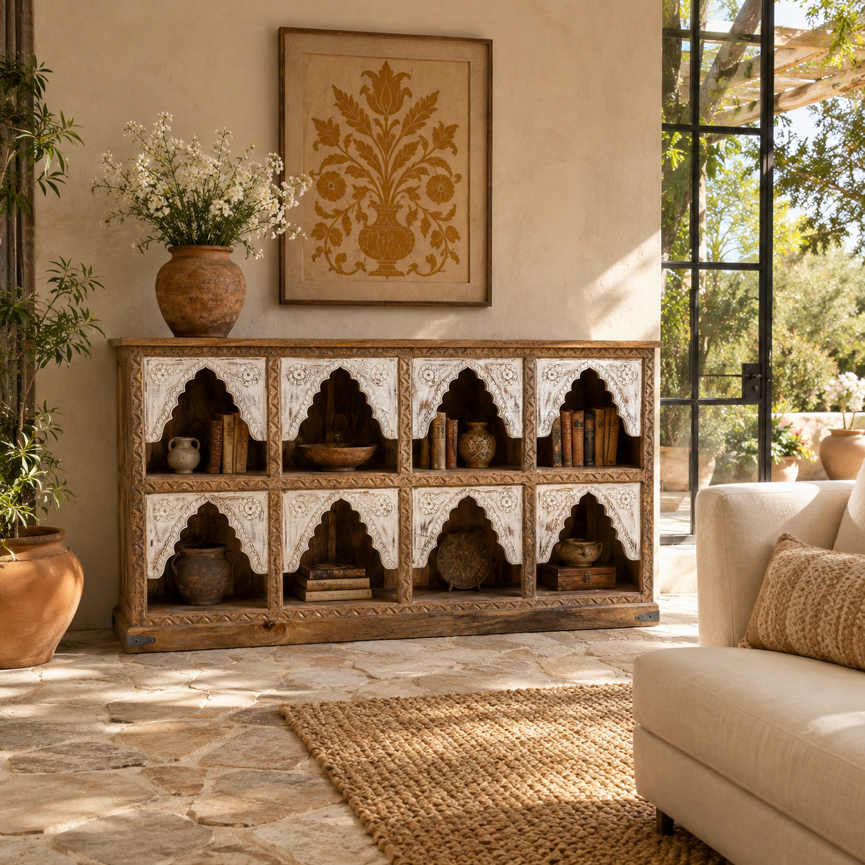 Lifestyle image of a hand-carved mango wood console table with floral patterns and whitewashed arches; ideal as entryway table vintage or carved console table, 200 × 110 × 37 cm.