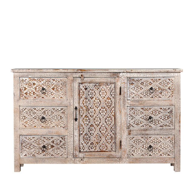 White background image of a vintage mango wood furniture sideboard with hand-carved details and distressed style finish, 150 × 40 × 90 cm.