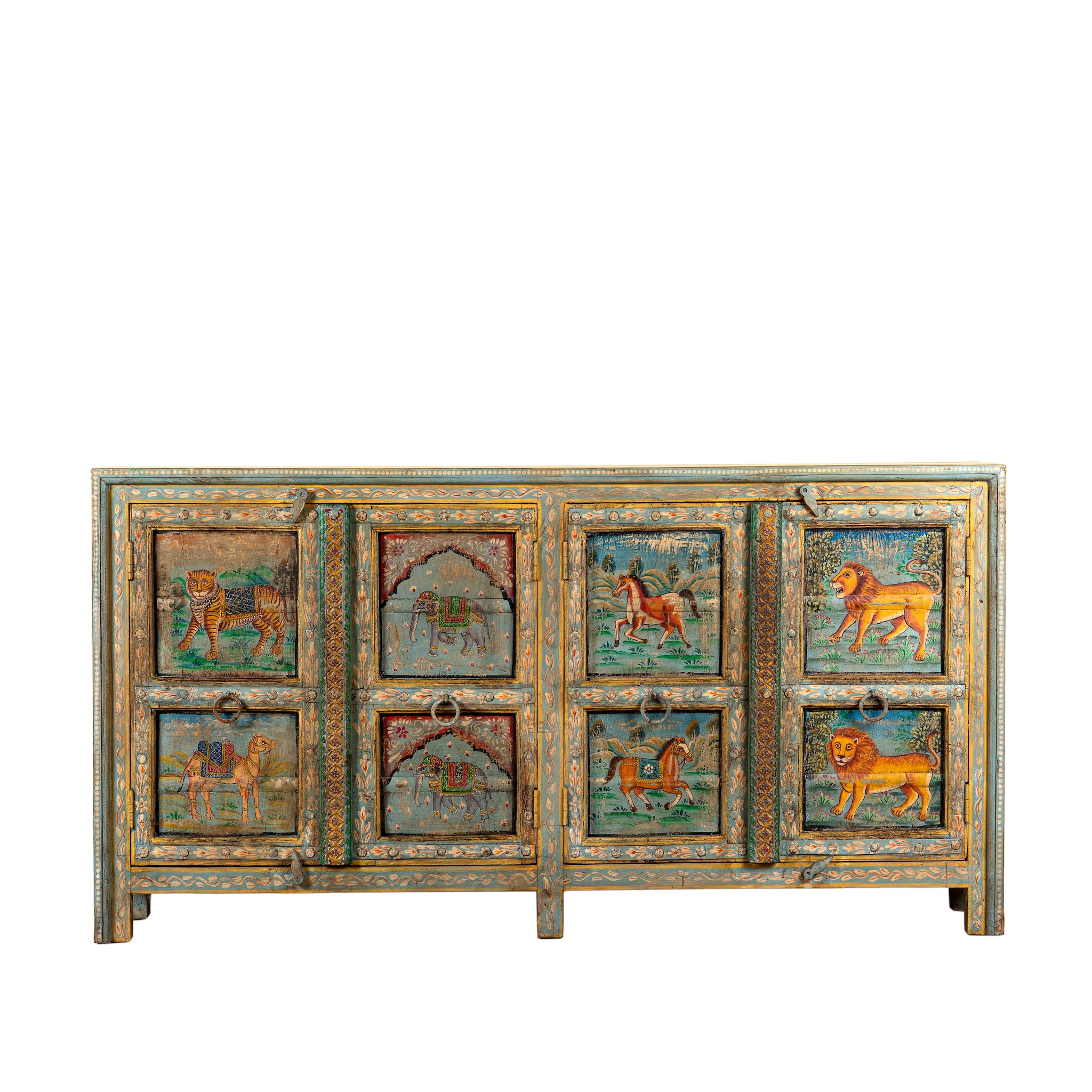 White background image of a Pavan hand-painted reclaimed wood sideboard with original Indian teak doors and colourful tiger, camel, elephant, horse and lion motifs 193cm