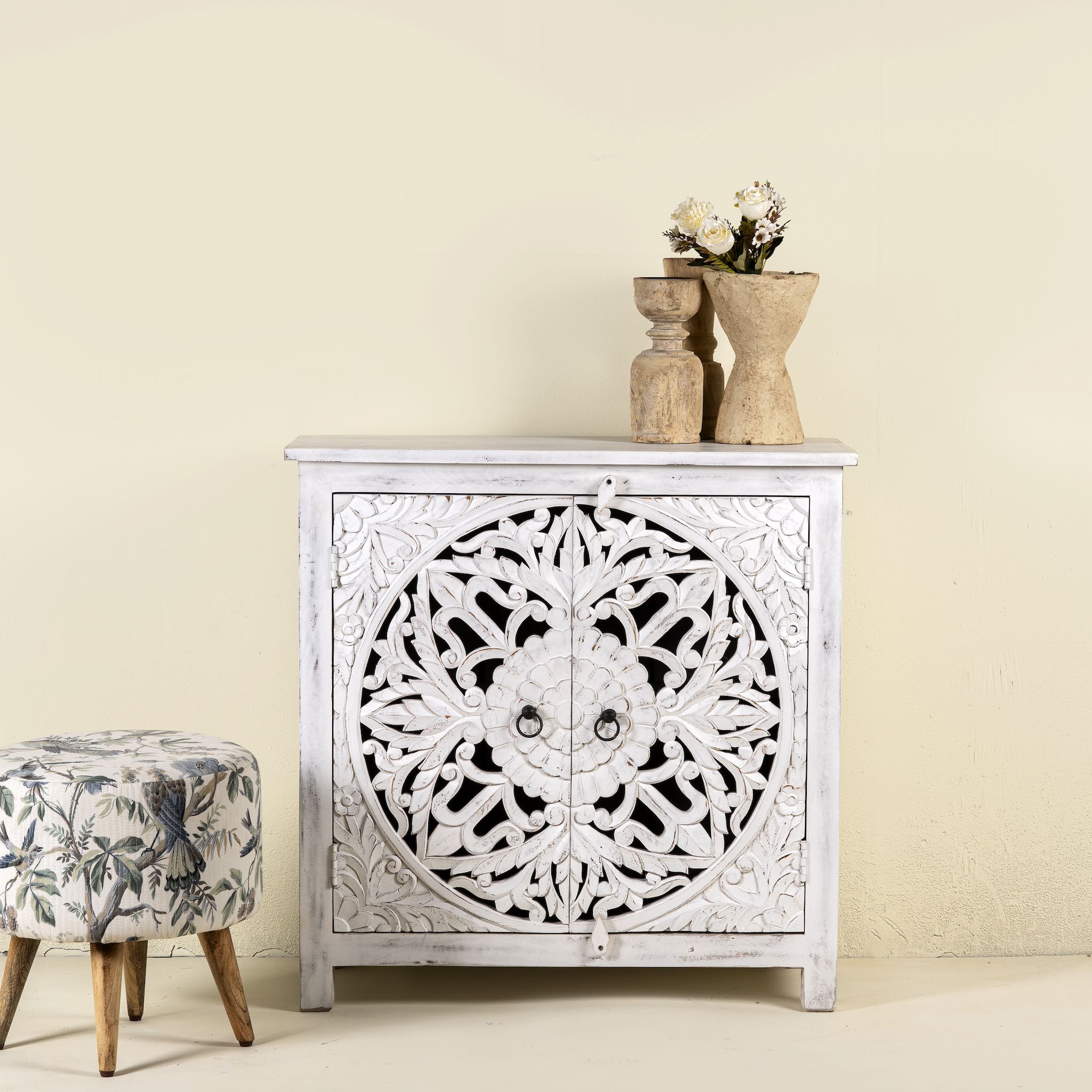 White carved wood cabinet made from solid mango wood with hand-carved Indian motifs, 90 × 90 × 40 cm.