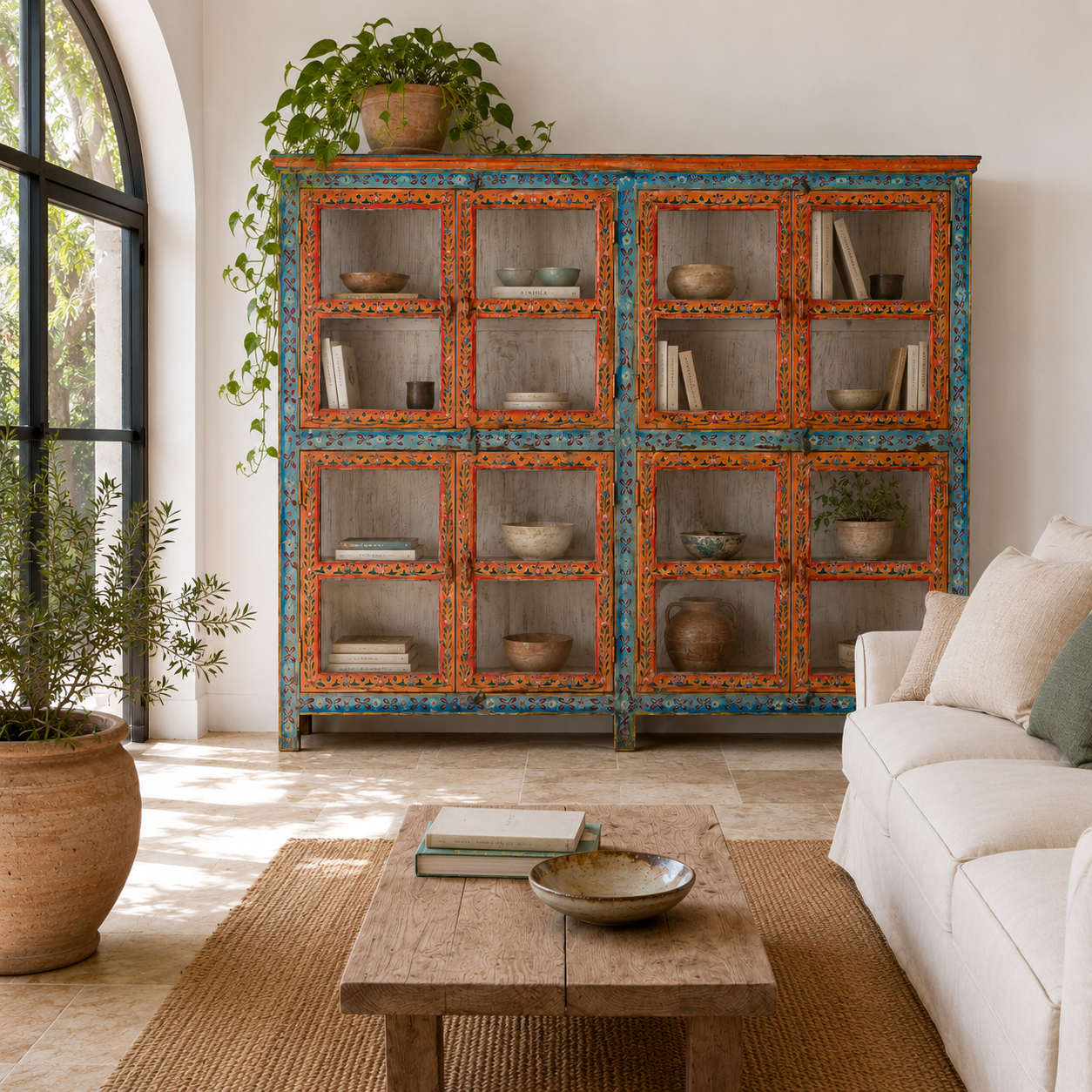 Lifestyle image of a hand-painted reclaimed wood showcase cabinet with Ibiza-style motifs, glass-panelled doors, unique wooden furniture for living room, 213 × 40 × 170 cm.