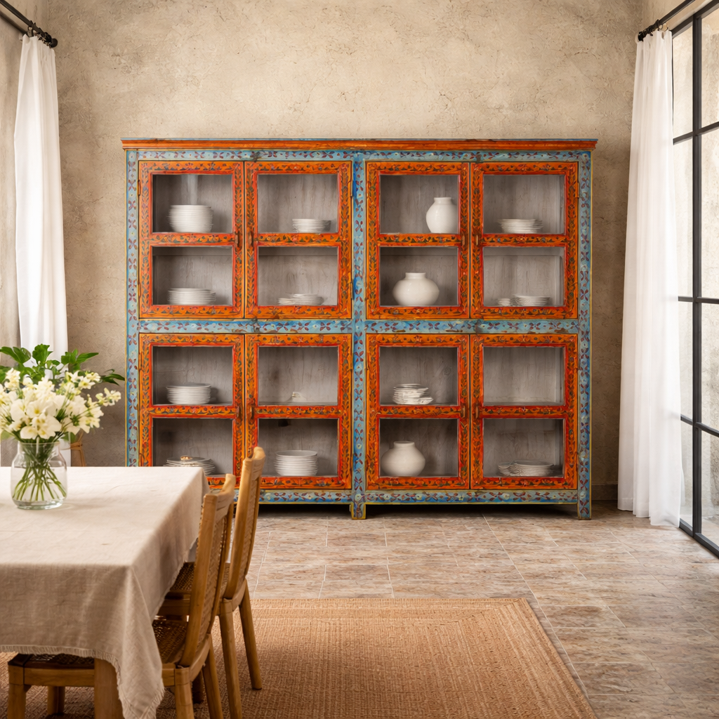 Lifestyle image of a of a hand-painted reclaimed wood showcase cabinet with Ibiza-style motifs, glass-panelled doors, unique wooden furniture for living room, 213 × 40 × 170 cm.
