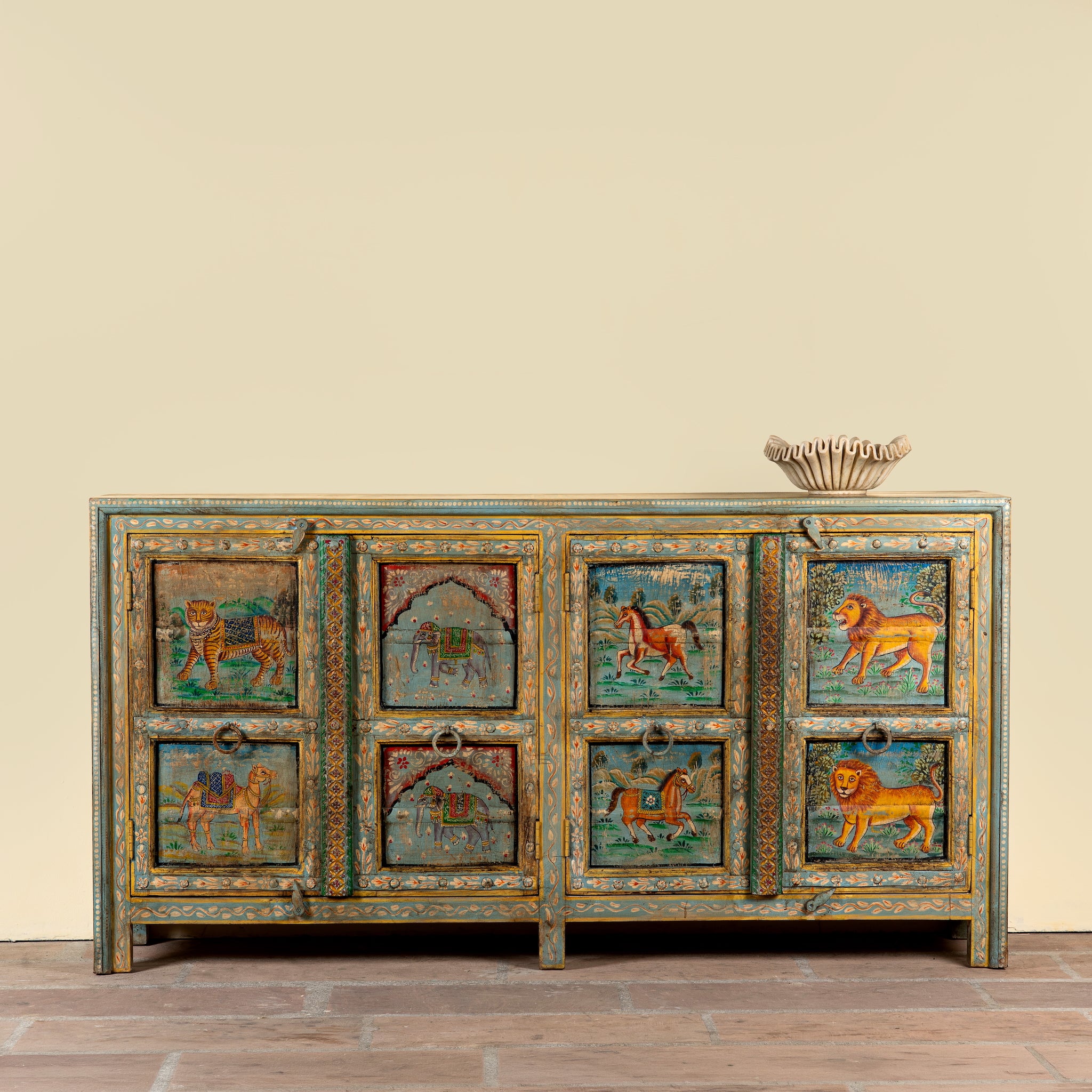 Pavan hand-painted reclaimed wood sideboard with original Indian teak doors and colourful tiger, camel, elephant, horse and lion motifs 193cm