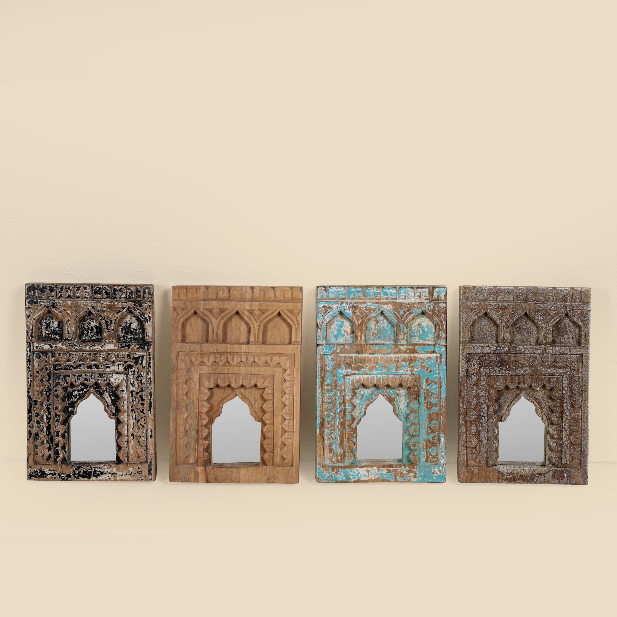 Hand-carved small wooden wall mirrors Pranith with arched Indian jharokha designs, available in various vintage finishes. A unique Indian decoration and vintage home accessory for layered vintage home decor.