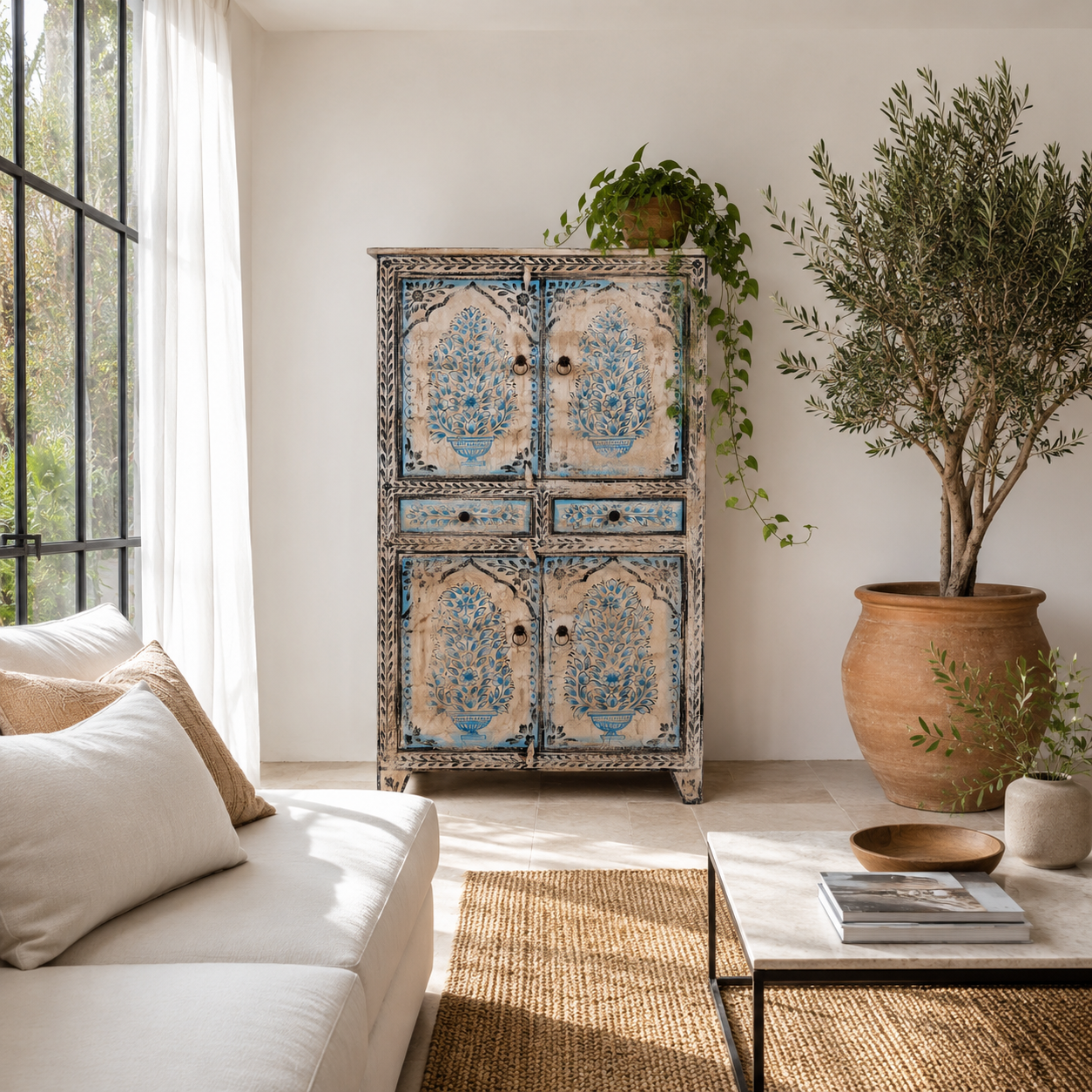 Lifestyle image of a hand-painted wooden cabinet made from reclaimed wood with blue floral motifs – sustainable furniture with artistic charm and vintage appeal.